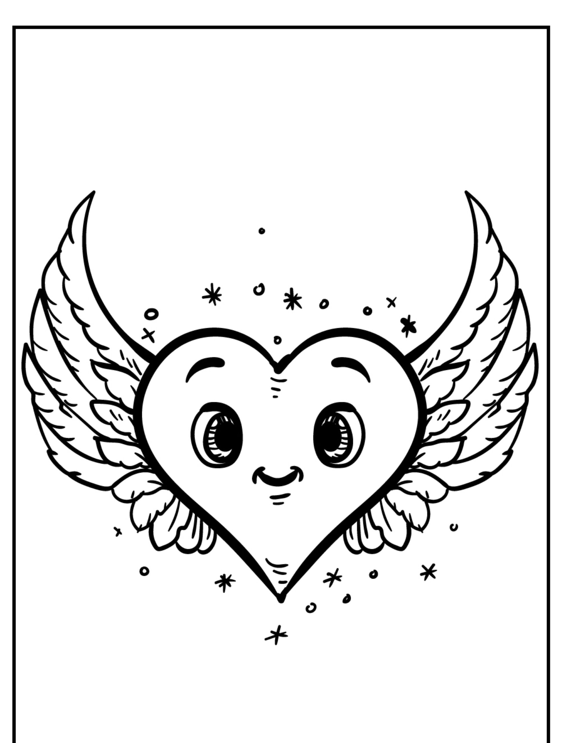 Um coração sorridente com asas e olhos, cercado por pequenas estrelas e brilhos, desenhado em um estilo fofo de desenho animado, perfeito para colorir. Para Colorir.