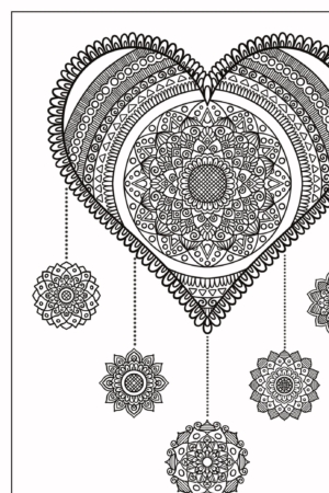 Desenhos complexos de mandala formam um grande coração e cinco círculos menores pendurados em um fundo branco, convidando você a colorir este lindo desenho cheio de corações. Para Colorir.