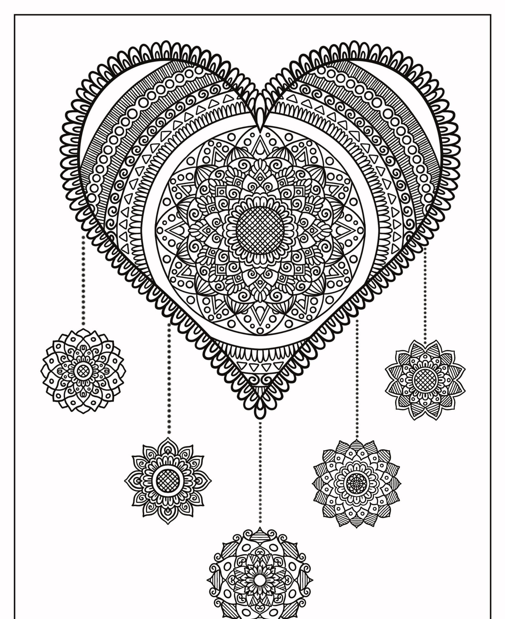 Desenhos complexos de mandala formam um grande coração e cinco círculos menores pendurados em um fundo branco, convidando você a colorir este lindo desenho cheio de corações. Para Colorir.