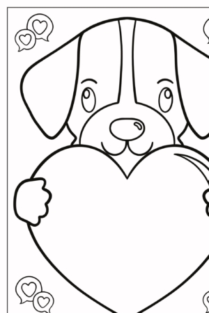 Contorno de um cachorro fofo segurando um coração grande, com corações menores e balões de fala no fundo, perfeito para desenhos de colorir. Para Colorir.