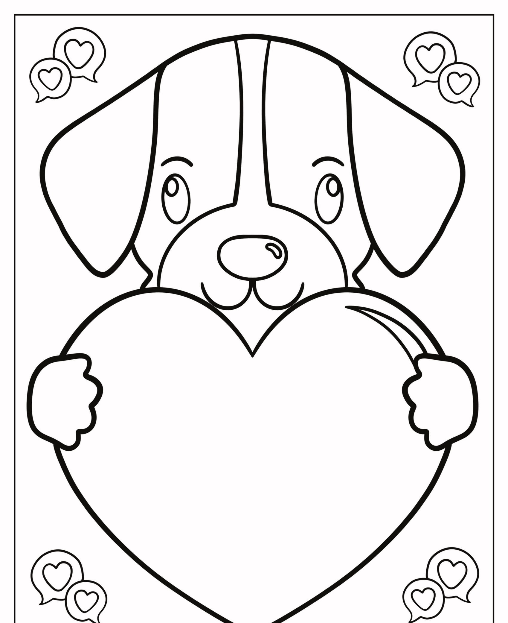 Contorno de um cachorro fofo segurando um coração grande, com corações menores e balões de fala no fundo, perfeito para desenhos de colorir. Para Colorir.