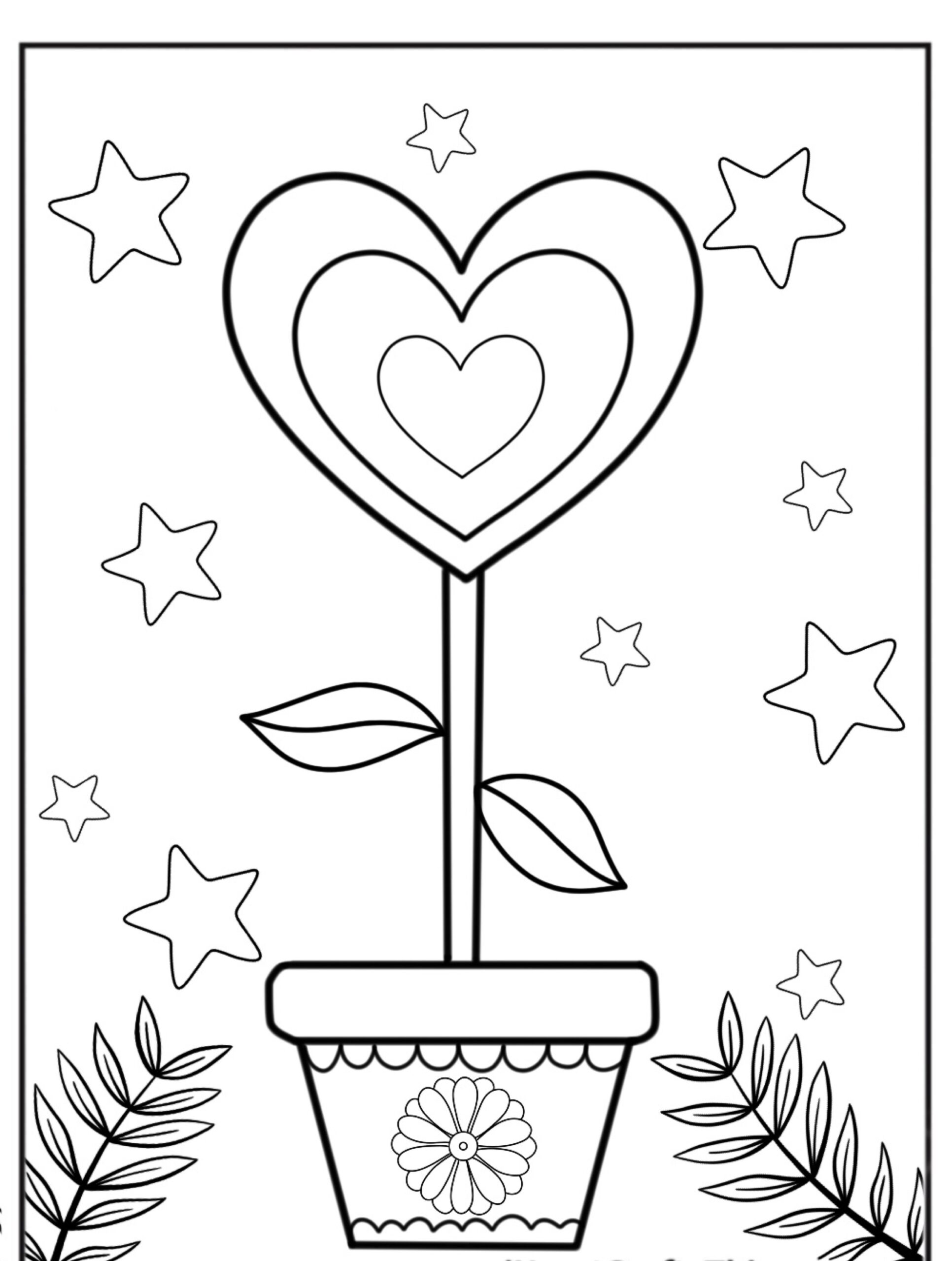 Uma página para colorir com uma flor em formato de coração em um vaso com estrelas e folhas ao fundo, perfeita para quem gosta de colorir desenhos repletos de corações. Para Colorir.