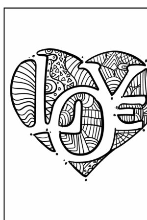 Arte linear da palavra "AMOR" dentro de um formato de coração, repleta de padrões e desenhos complexos, perfeita para colorir. Para Colorir.