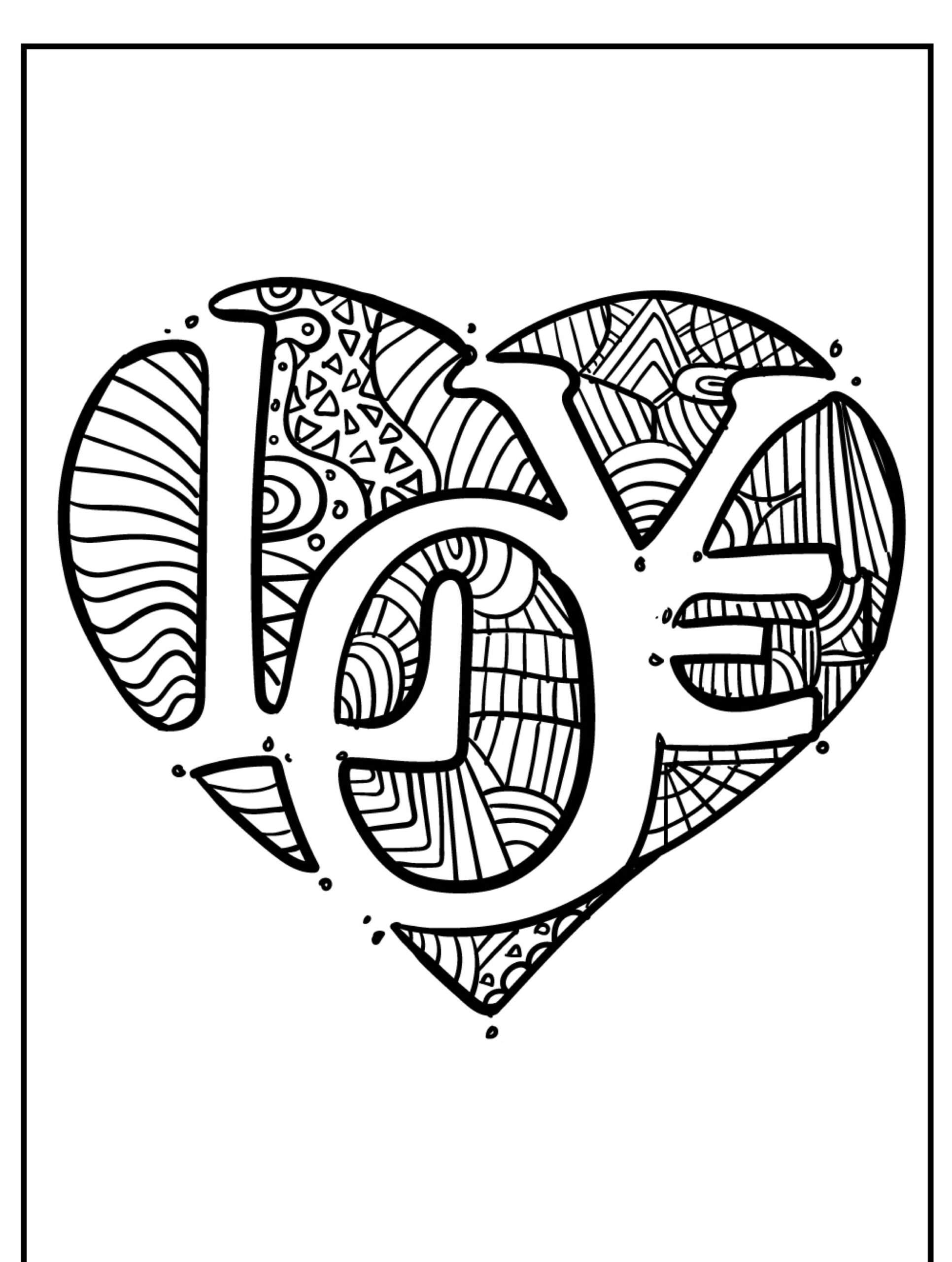 Arte linear da palavra "AMOR" dentro de um formato de coração, repleta de padrões e desenhos complexos, perfeita para colorir. Para Colorir.