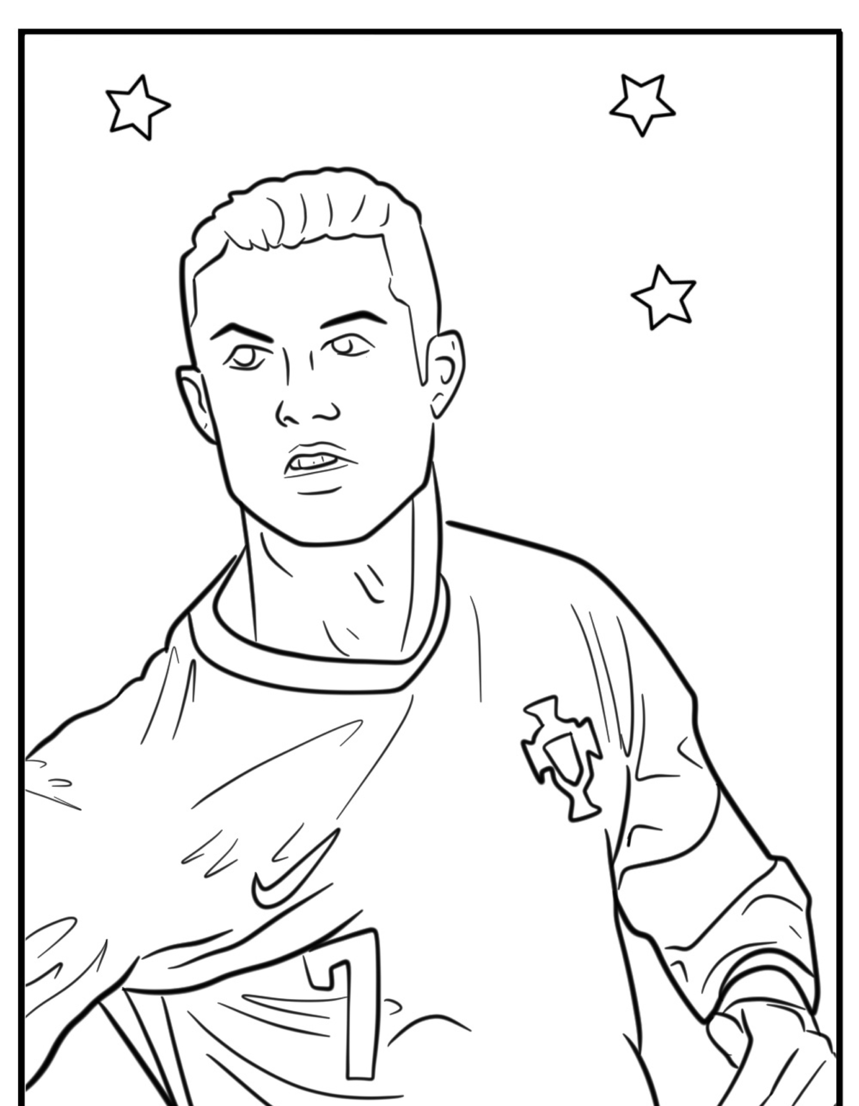 Desenho de um jogador de futebol vestindo uma camisa número 7, que lembra Cristiano Ronaldo, com três estrelas ao fundo; perfeito como desenho para colorir.