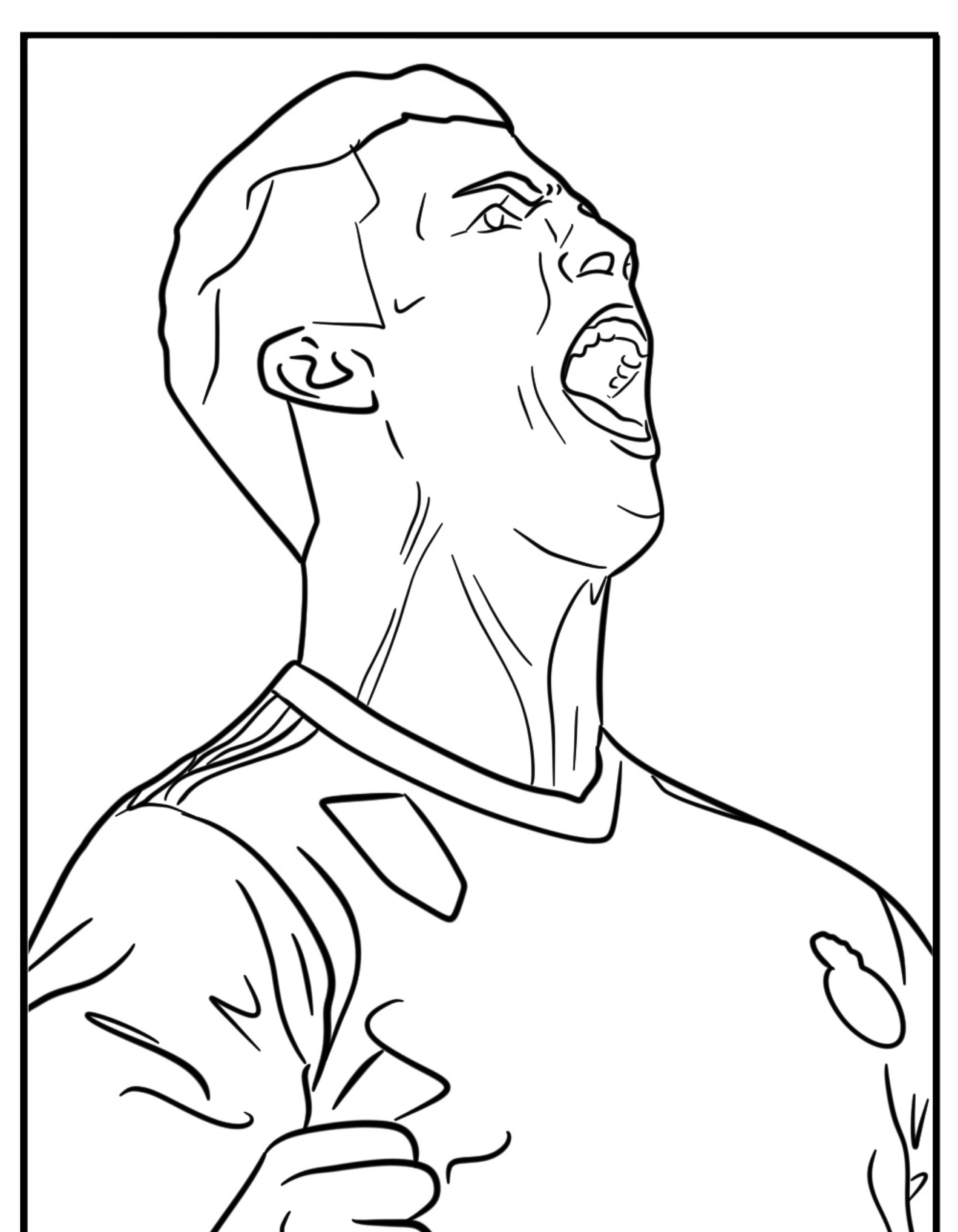 Um desenho de Cristiano Ronaldo comemorando com a boca aberta e os punhos cerrados, vestindo uma camisa, perfeito como desenho para colorir.