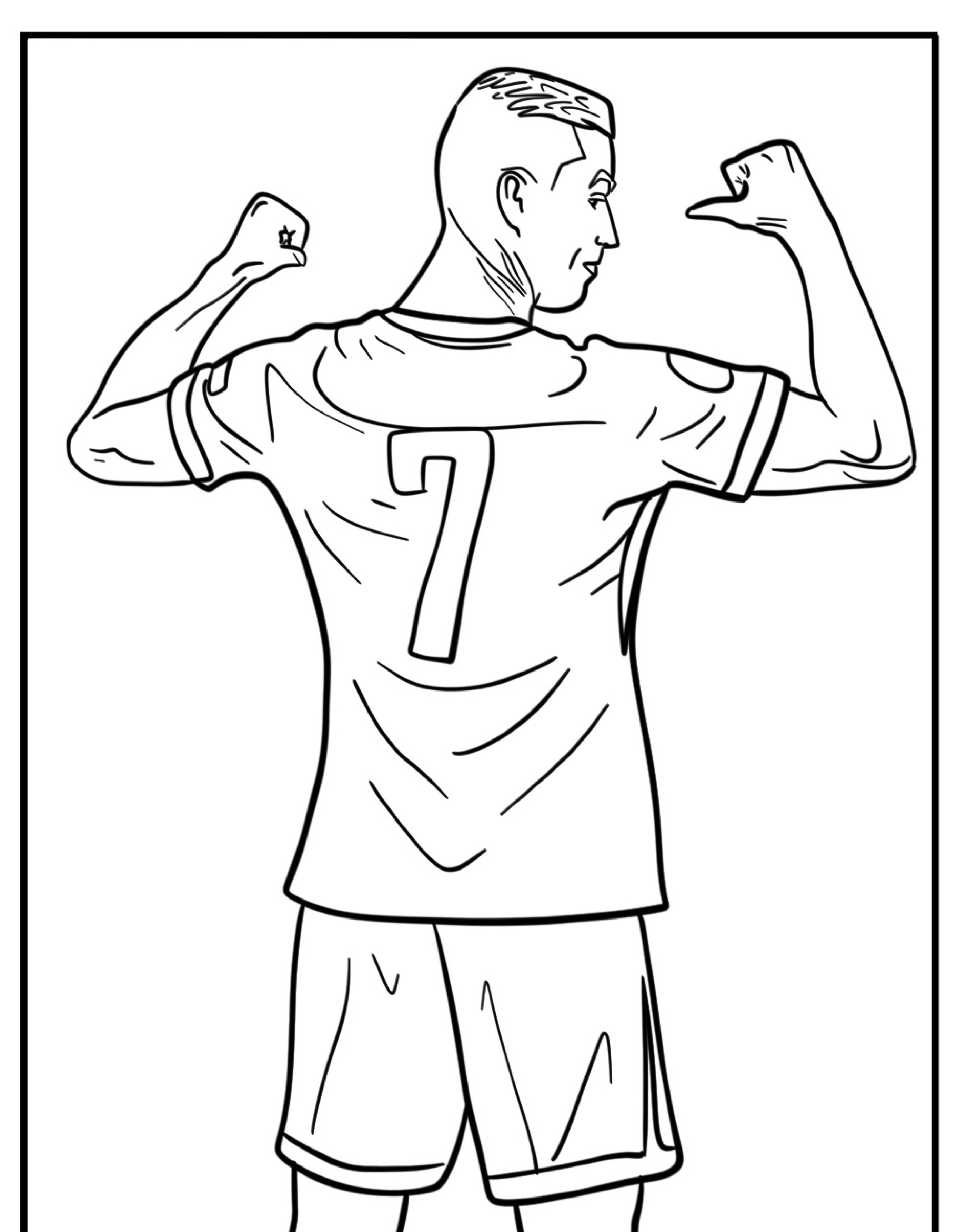 Um jogador de futebol flexiona seus músculos de costas, revelando o número 7 em sua camisa, que lembra um desenho pronto para colorir.