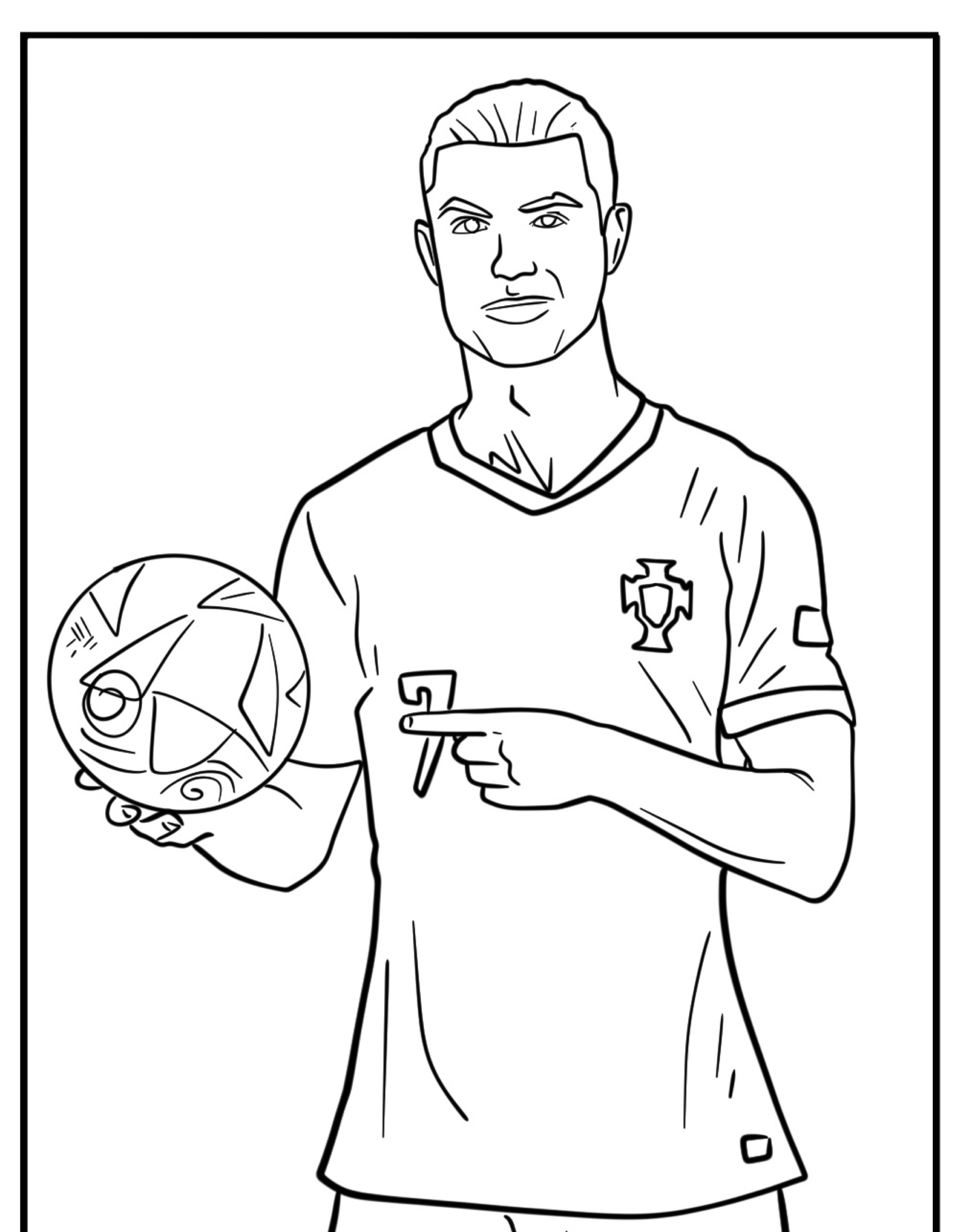 Um desenho do Cristiano Ronaldo segurando uma bola em uma mão e apontando para ela com a outra, pronto para você colorir.