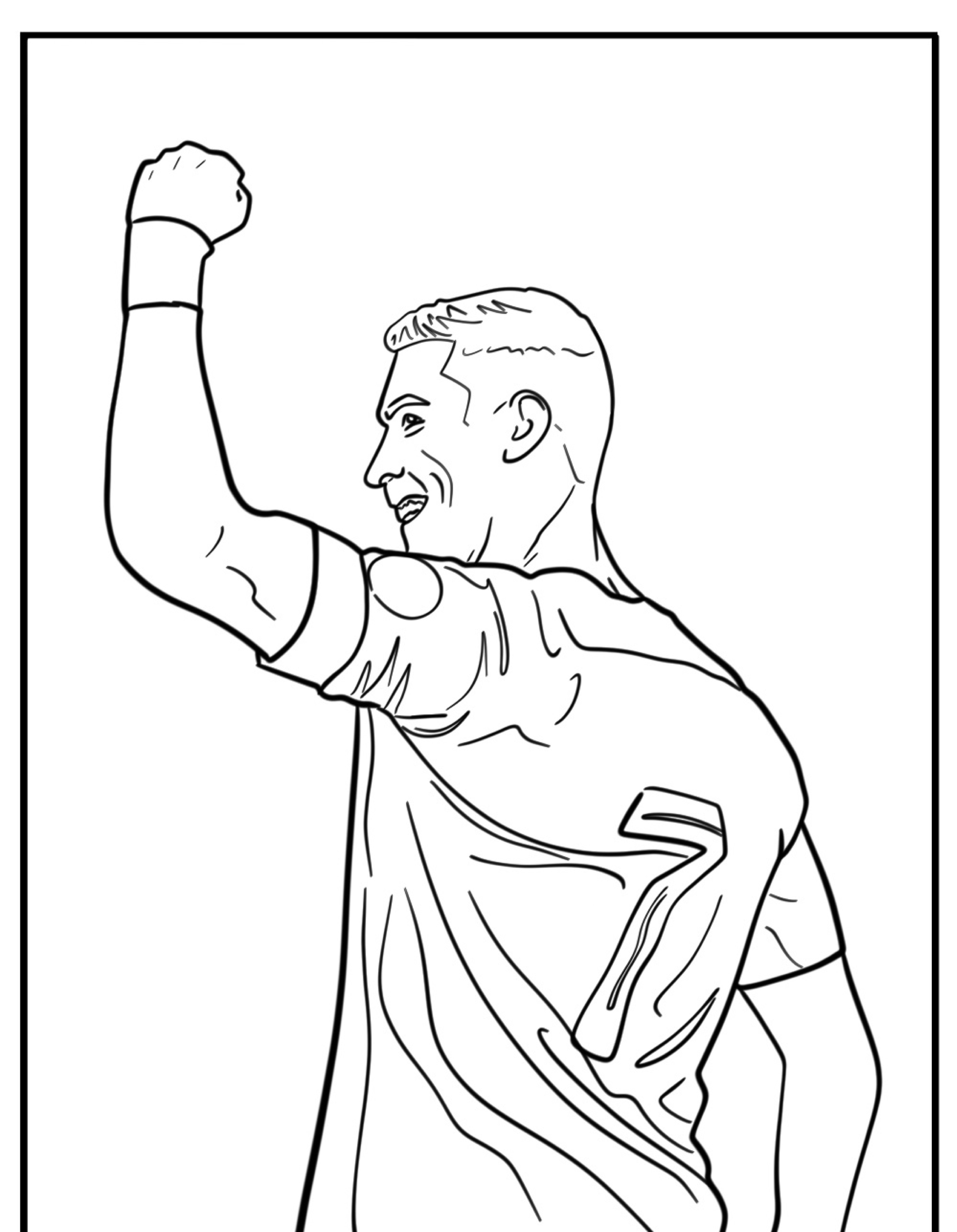 Desenho de um jogador de futebol levantando o punho em comemoração com o número 7 em sua camisa, lembrando Cristiano Ronaldo. Ideal para criar um desenho para colorir detalhado.