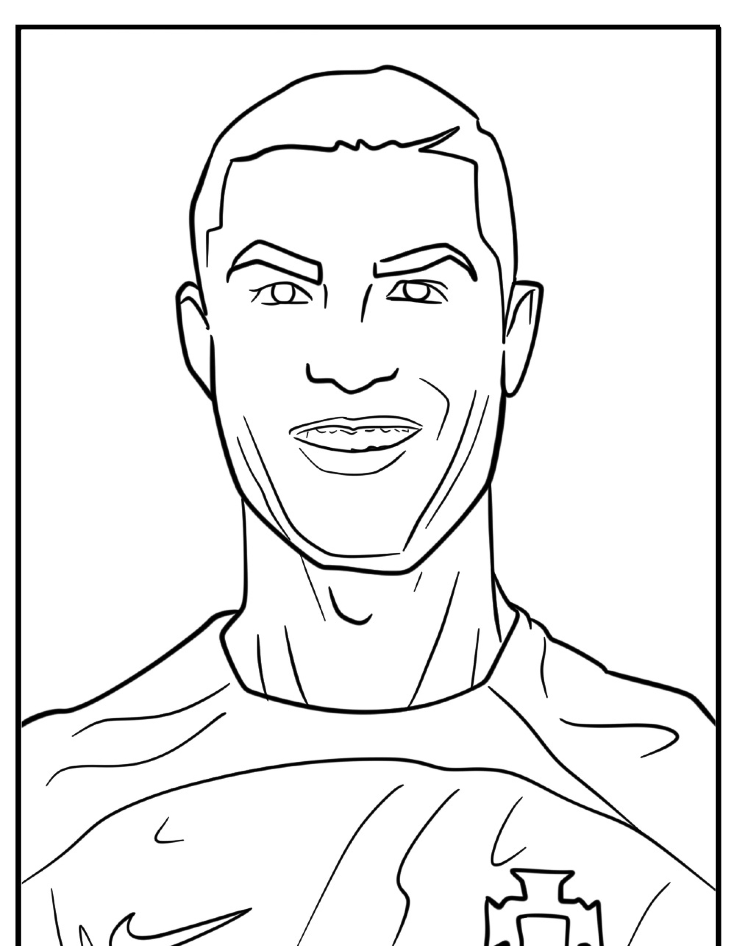 Um desenho em preto e branco de um jogador de futebol sorridente, parecido com Cristiano Ronaldo, em uma camisa com um brasão. Perfeito como uma página de colorir para fãs e artistas.