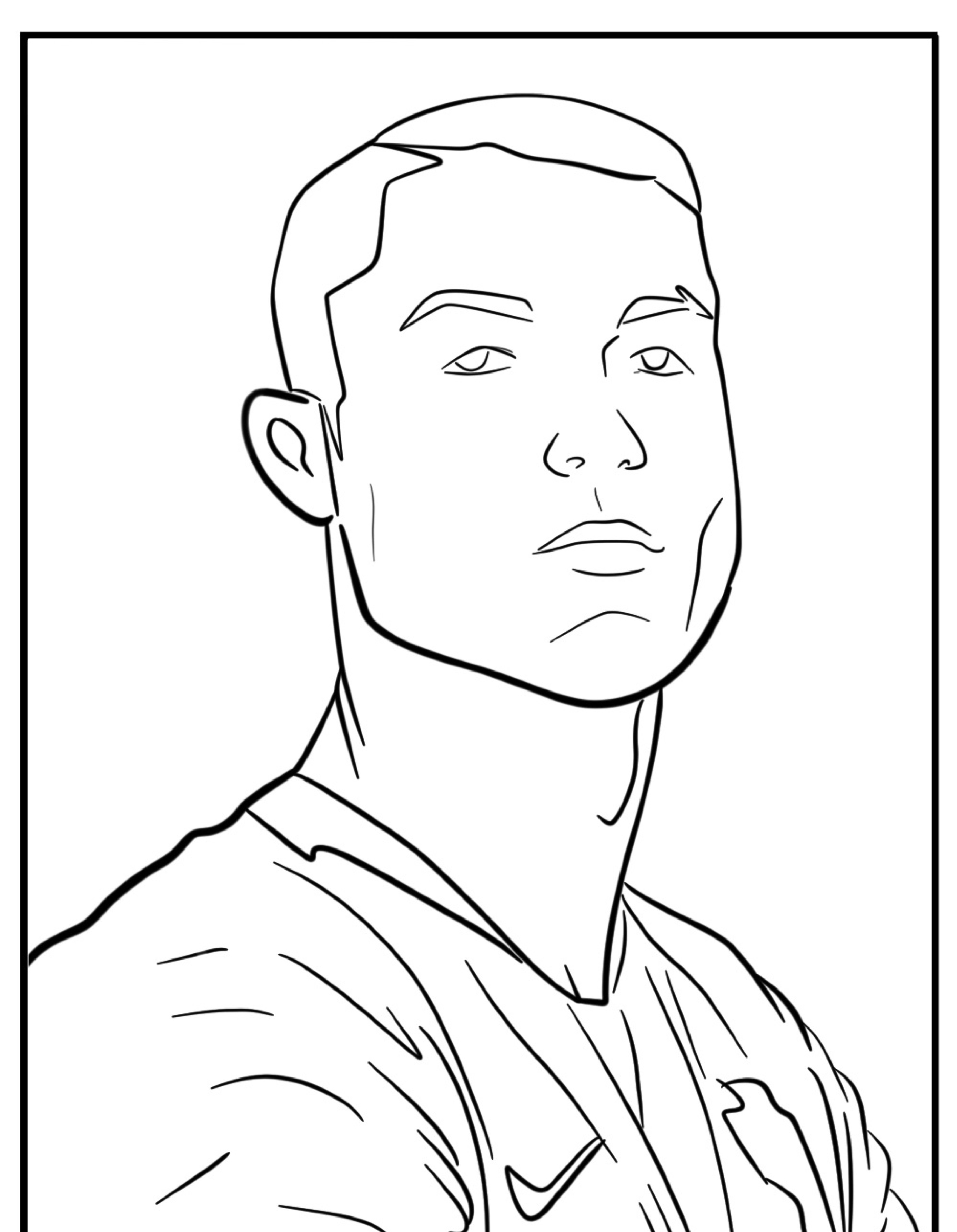 Desenho em preto e branco de um jogador de futebol masculino, que lembra Cristiano Ronaldo, com cabelo curto, olhando confiantemente para a frente, vestindo uma camisa esportiva. Ideal para quem gosta de colorir ou aprecia Desenho detalhado.