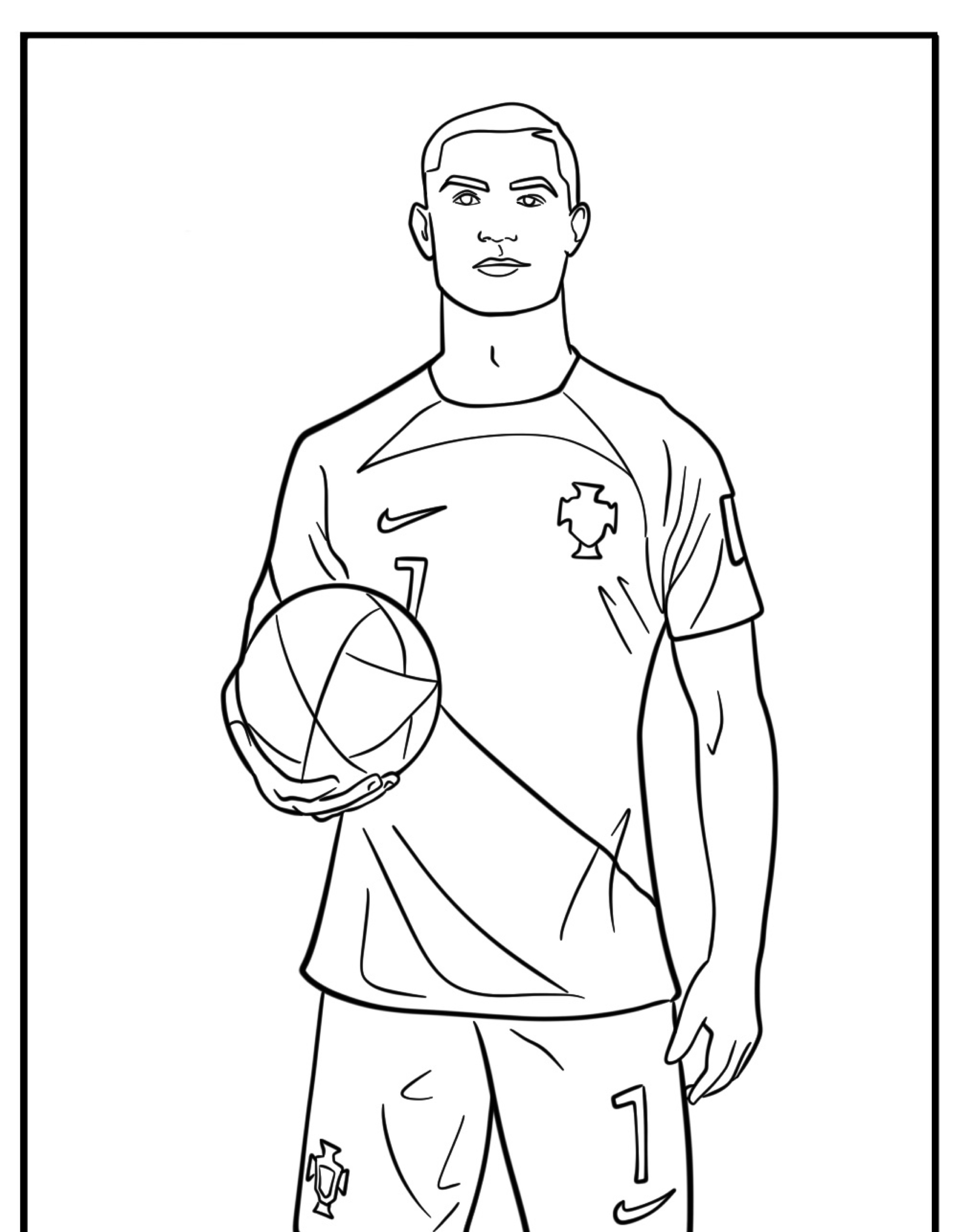 Desenho de Cristiano Ronaldo segurando uma bola, vestindo um uniforme com um emblema de cruz e o número 7 no shorts. Perfeito para colorir!