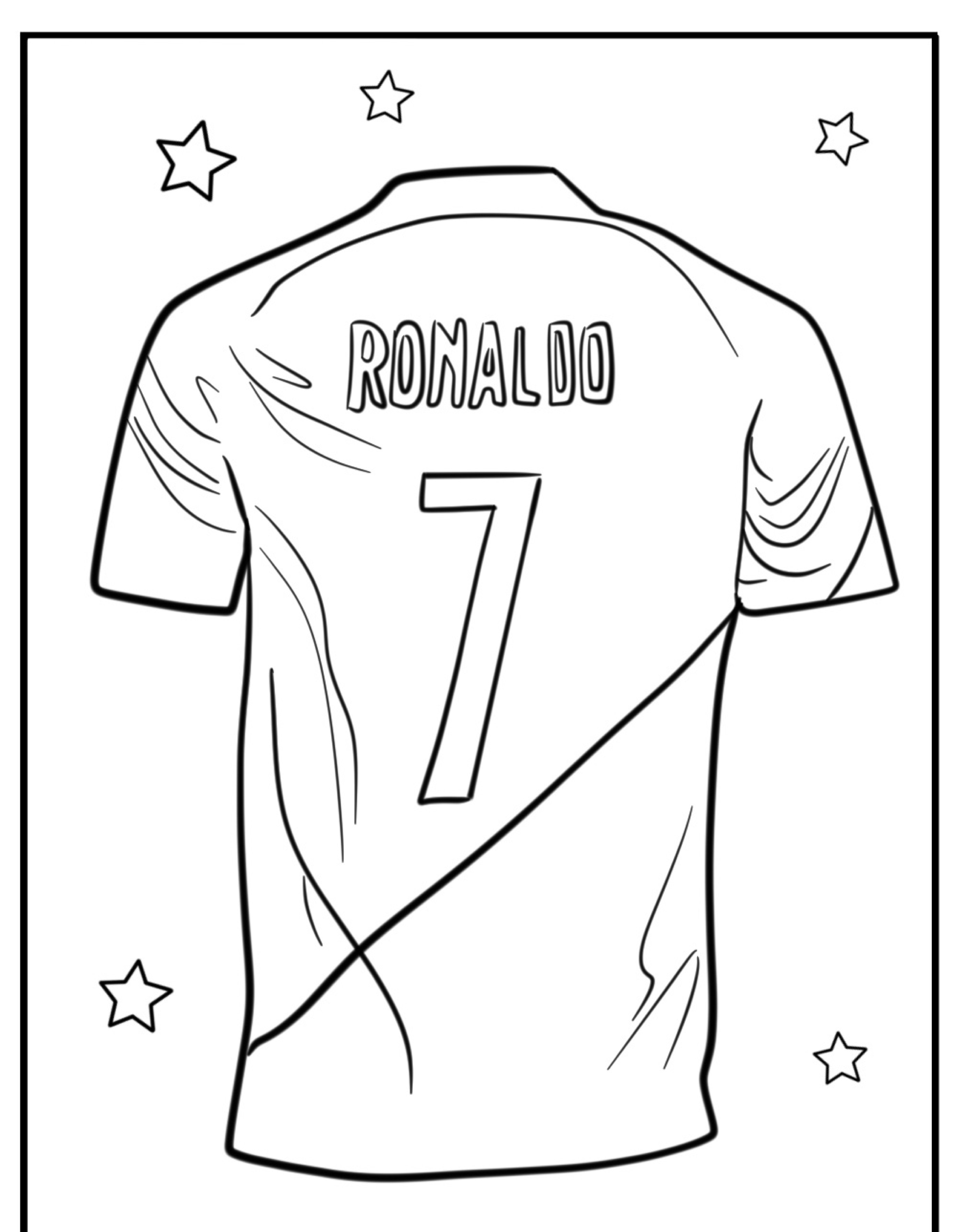 Ilustração de uma camisa de futebol com o nome "Ronaldo" e o número 7 nas costas, cercada por estrelas, perfeita para quem gosta de colorir e celebrar Cristiano Ronaldo.