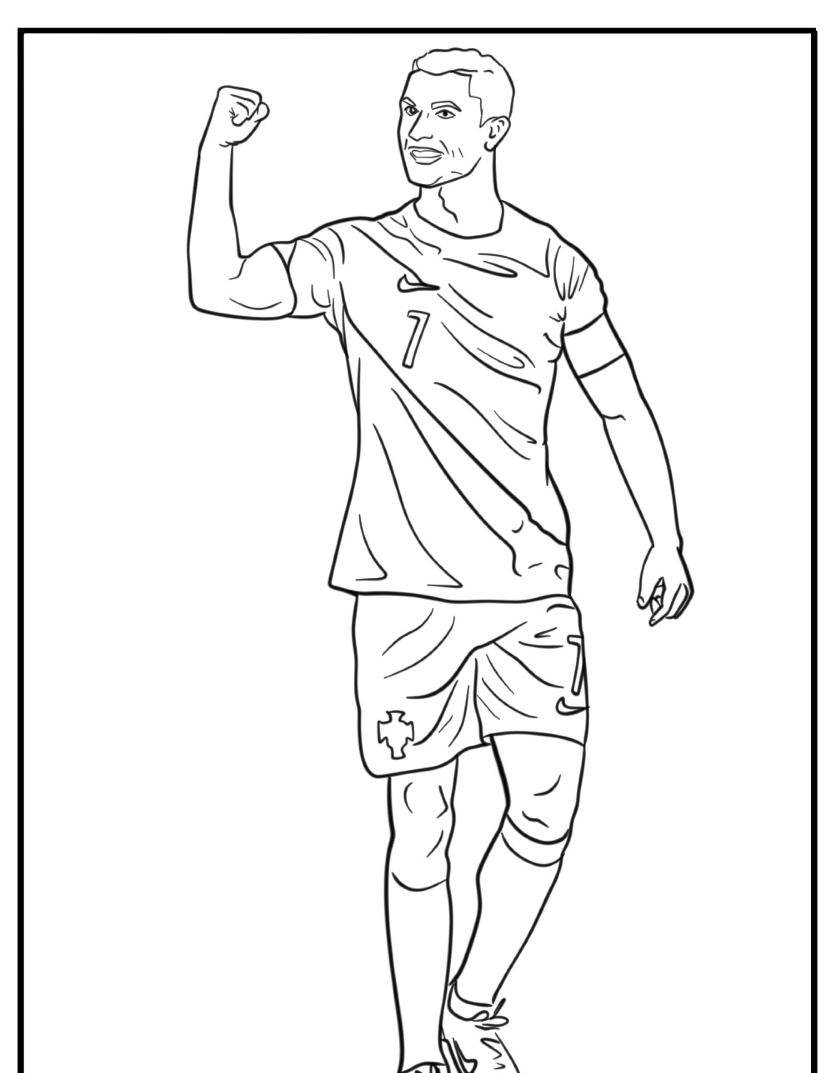 Desenho de contorno de um jogador de futebol levantando o punho direito, vestindo uma camisa número 7 e uma braçadeira de capitão. Desenho perfeito para colorir, capturando o espírito triunfante de Cristiano Ronaldo.