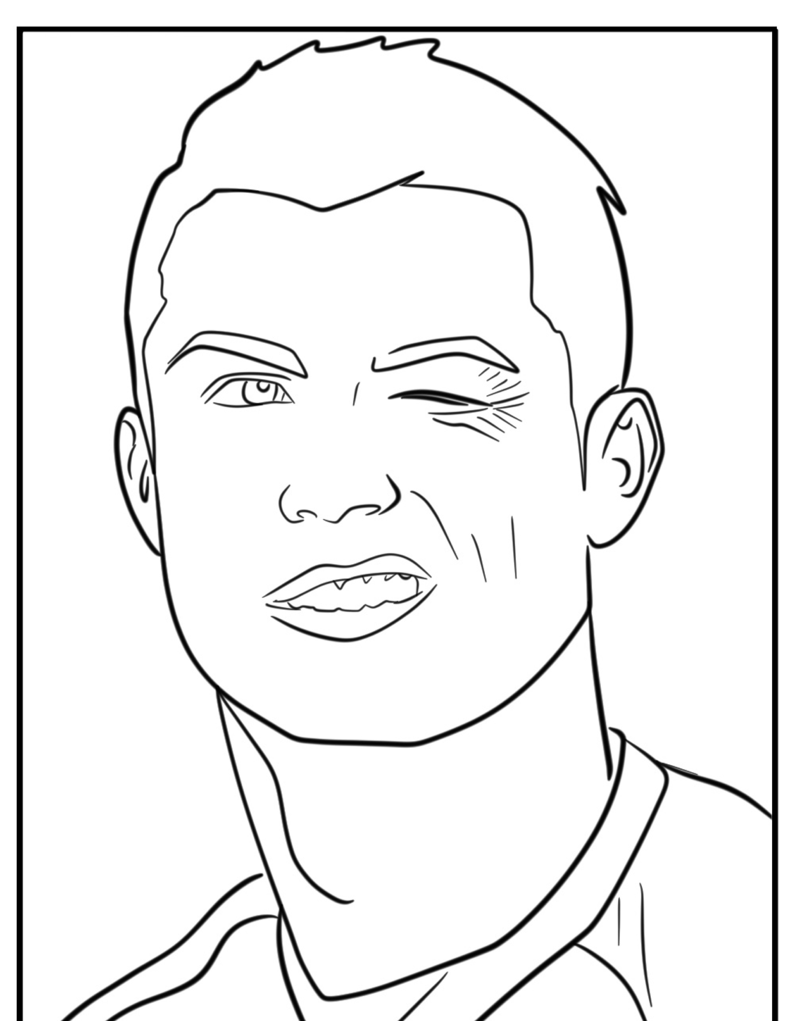 Desenho esboçado de uma pessoa piscando com um sorriso, cabelo curto e vestindo uma camisa esportiva. Perfeito para quem ama colorir e fãs do Cristiano Ronaldo.