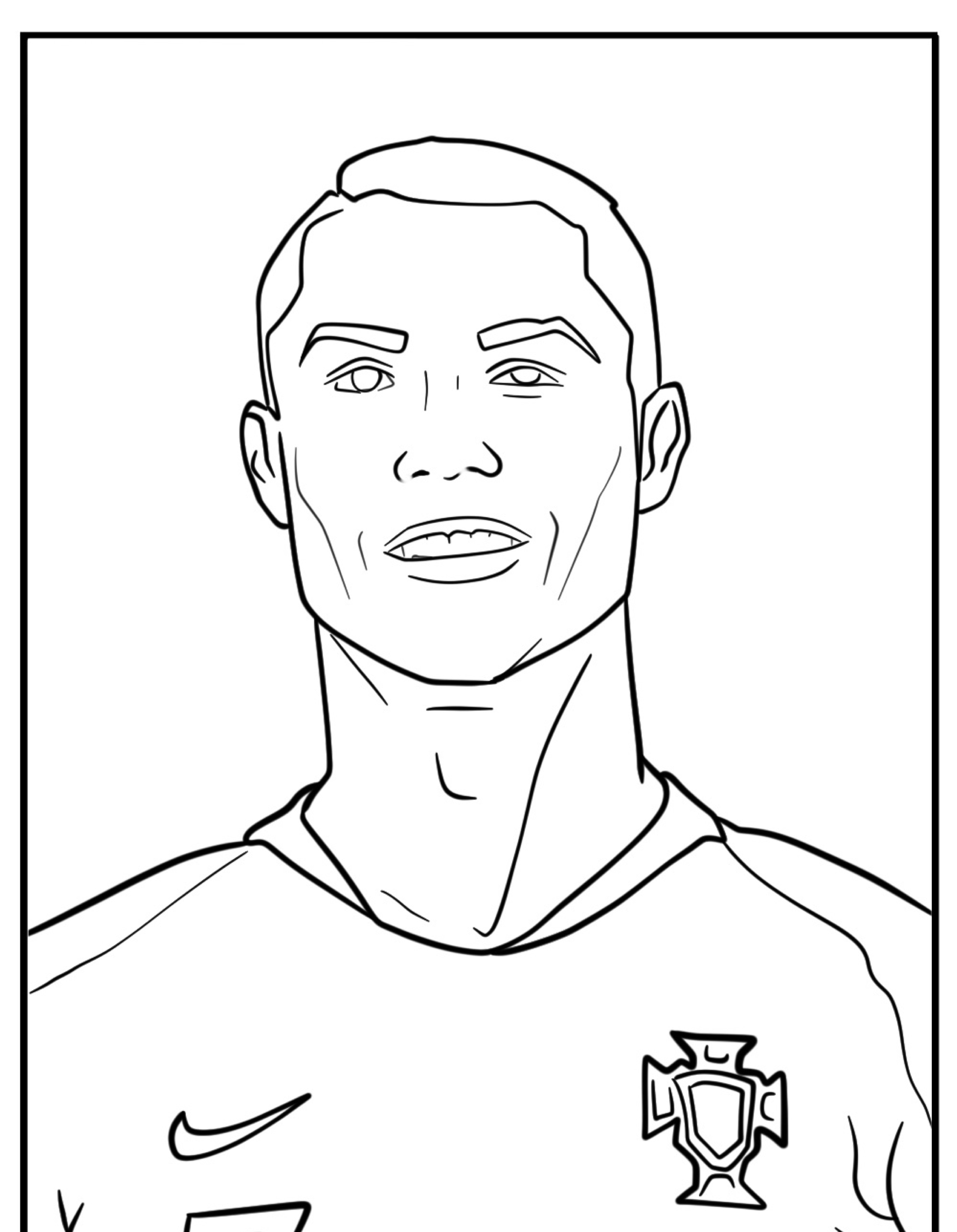 Desenho de um homem de cabelo curto, parecido com Cristiano Ronaldo, vestindo uma camisa com um brasão e um logotipo swoosh, ideal como um desenho para colorir.