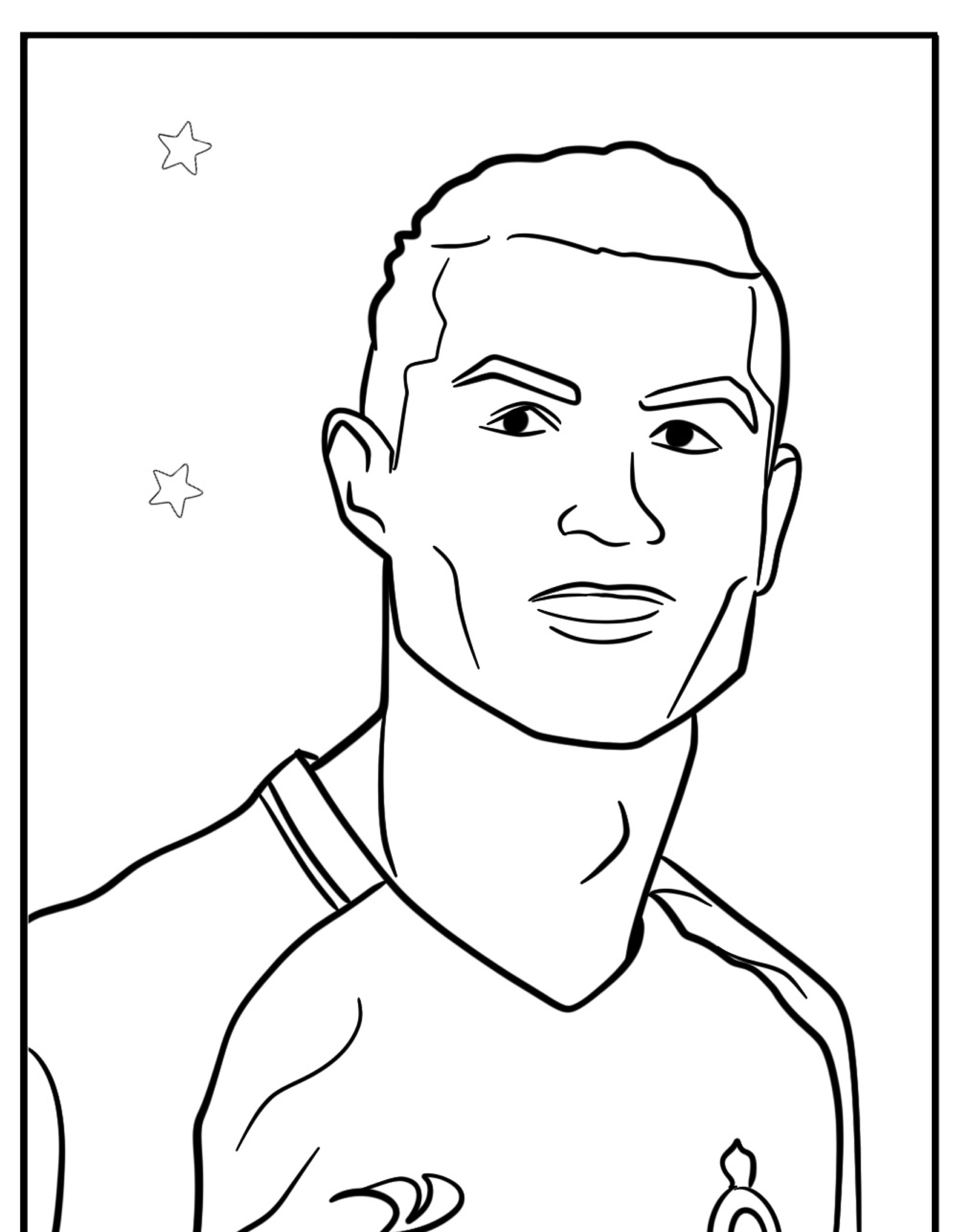 Desenho de Cristiano Ronaldo vestindo uma camisa, com duas estrelas ao fundo; este desenho para colorir captura sua pose icônica em campo.