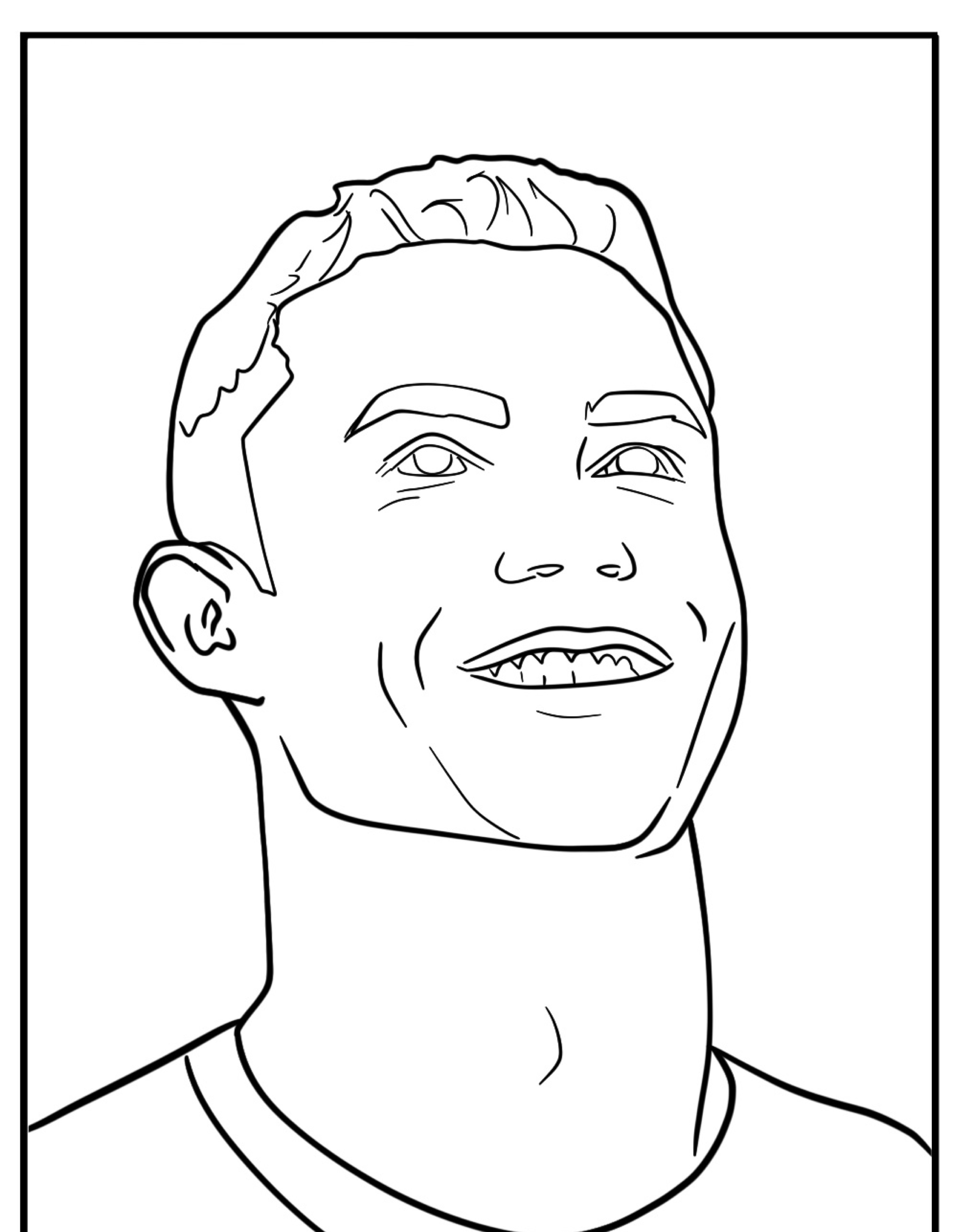 Desenho de um homem com cabelo curto sorrindo, olhando para cima, parecendo Cristiano Ronaldo. Ideal como desenho para colorir.