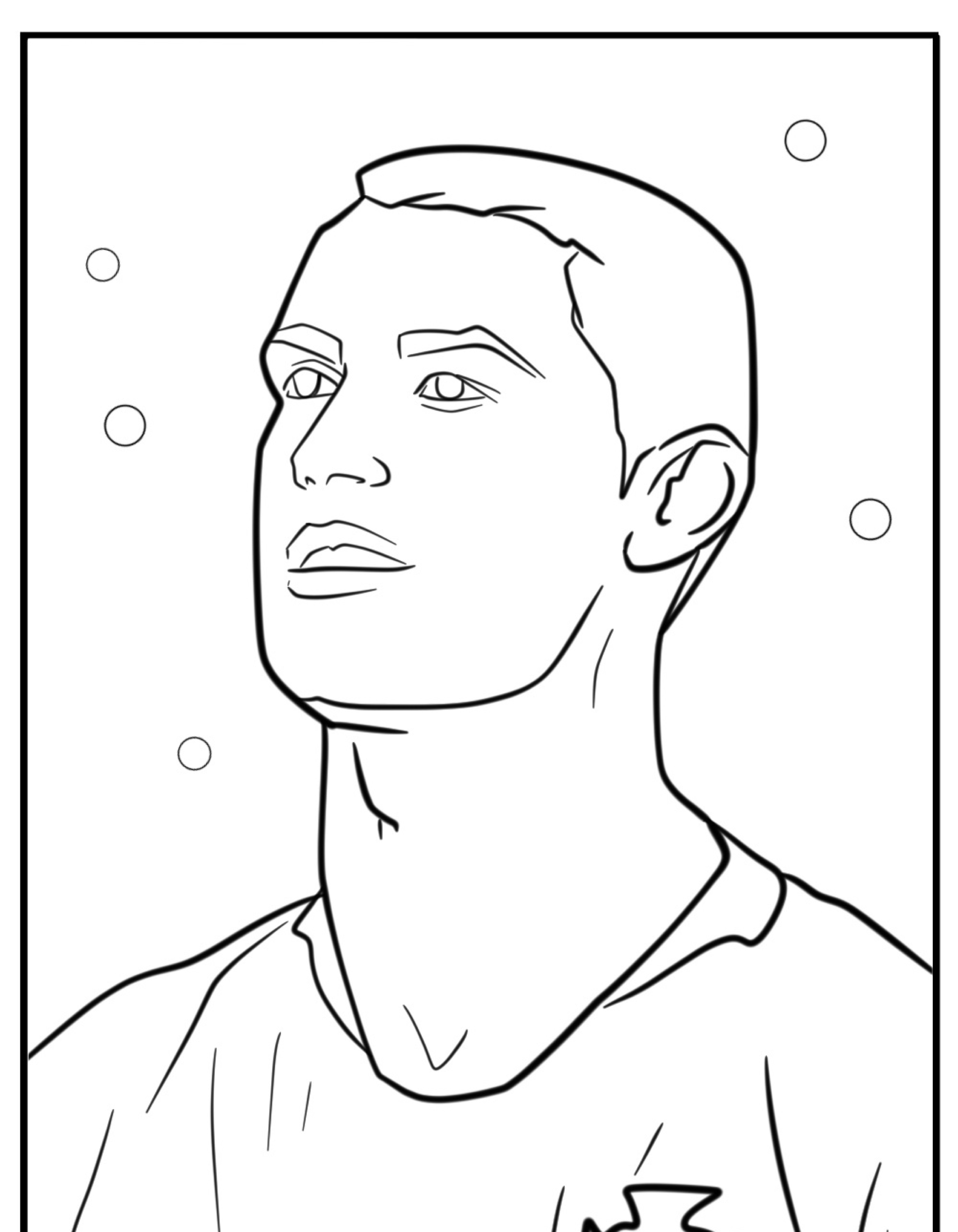 Desenho de uma pessoa olhando para cima, vestindo uma camisa esportiva, com bolhas no fundo — lembrando Cristiano Ronaldo. Perfeito como desenho para colorir.