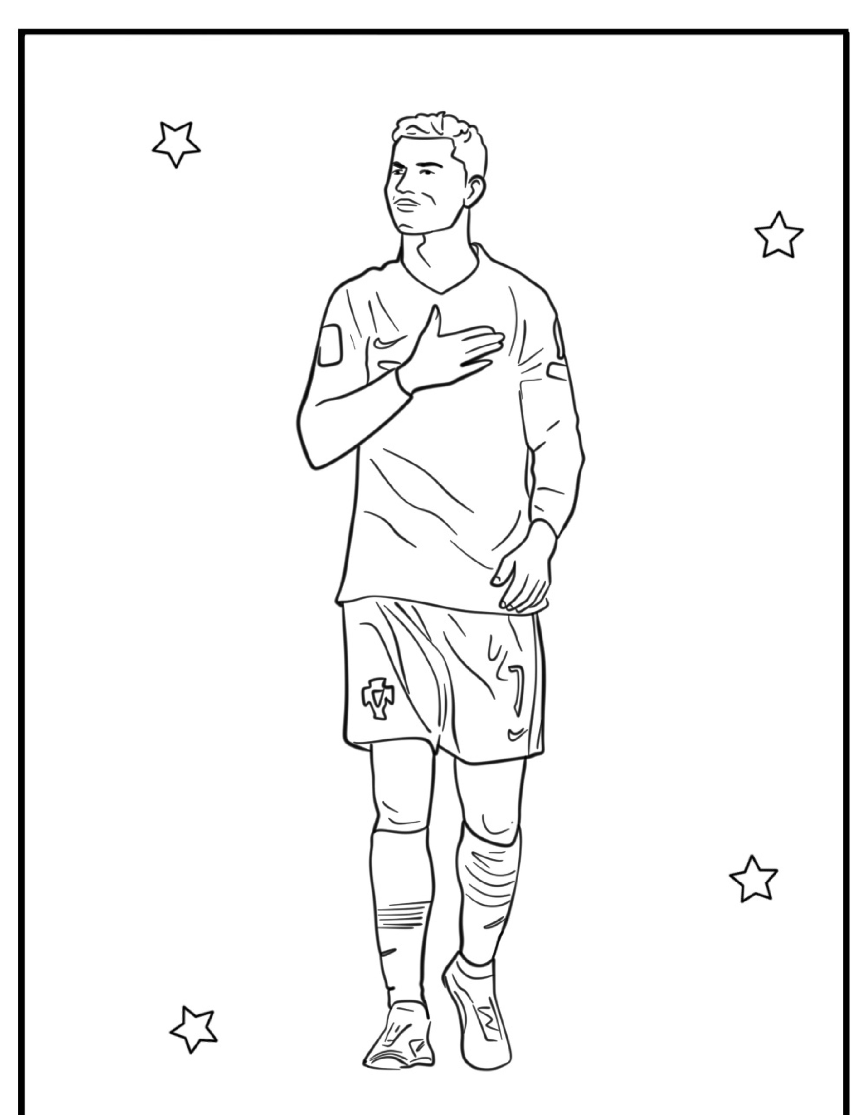 Desenho de Cristiano Ronaldo com uma mão no peito, cercado por pequenas estrelas em cada canto — um desenho para colorir perfeito.