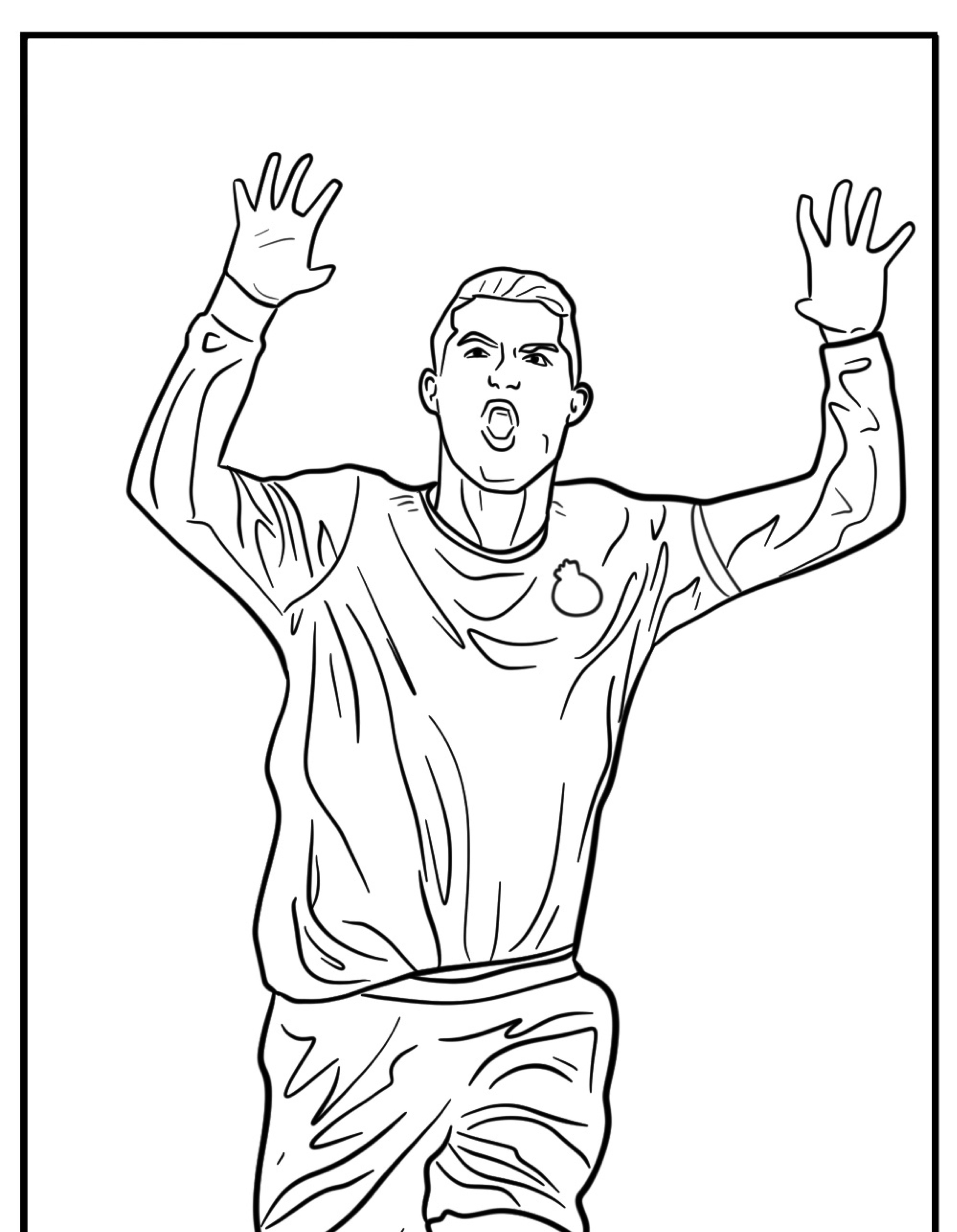 Desenho de Cristiano Ronaldo comemorando com os braços levantados e a boca aberta, um desenho para colorir perfeito.