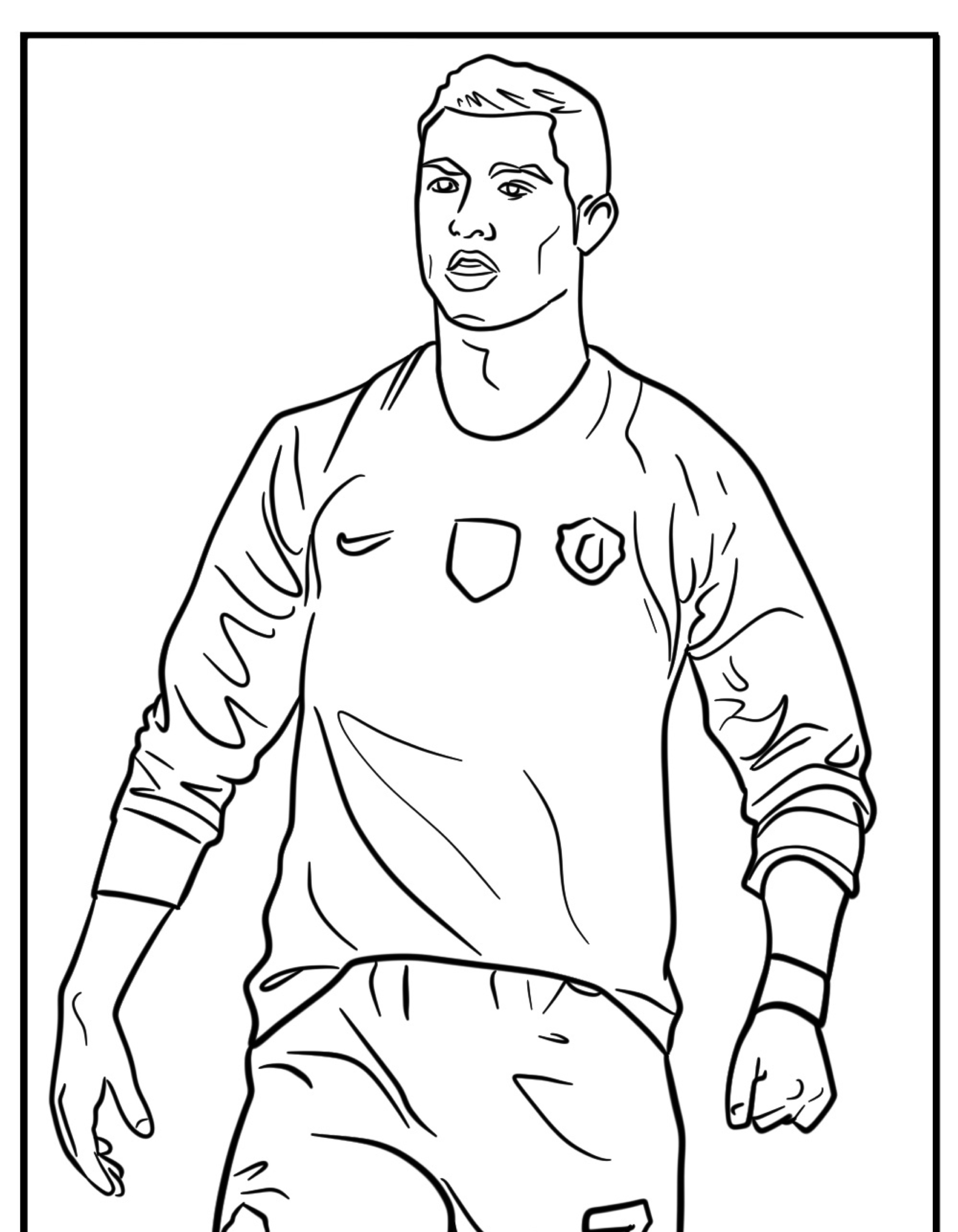 Desenho de contorno de Cristiano Ronaldo vestindo uma camisa esportiva andando, visto de frente; perfeito como desenho para colorir.