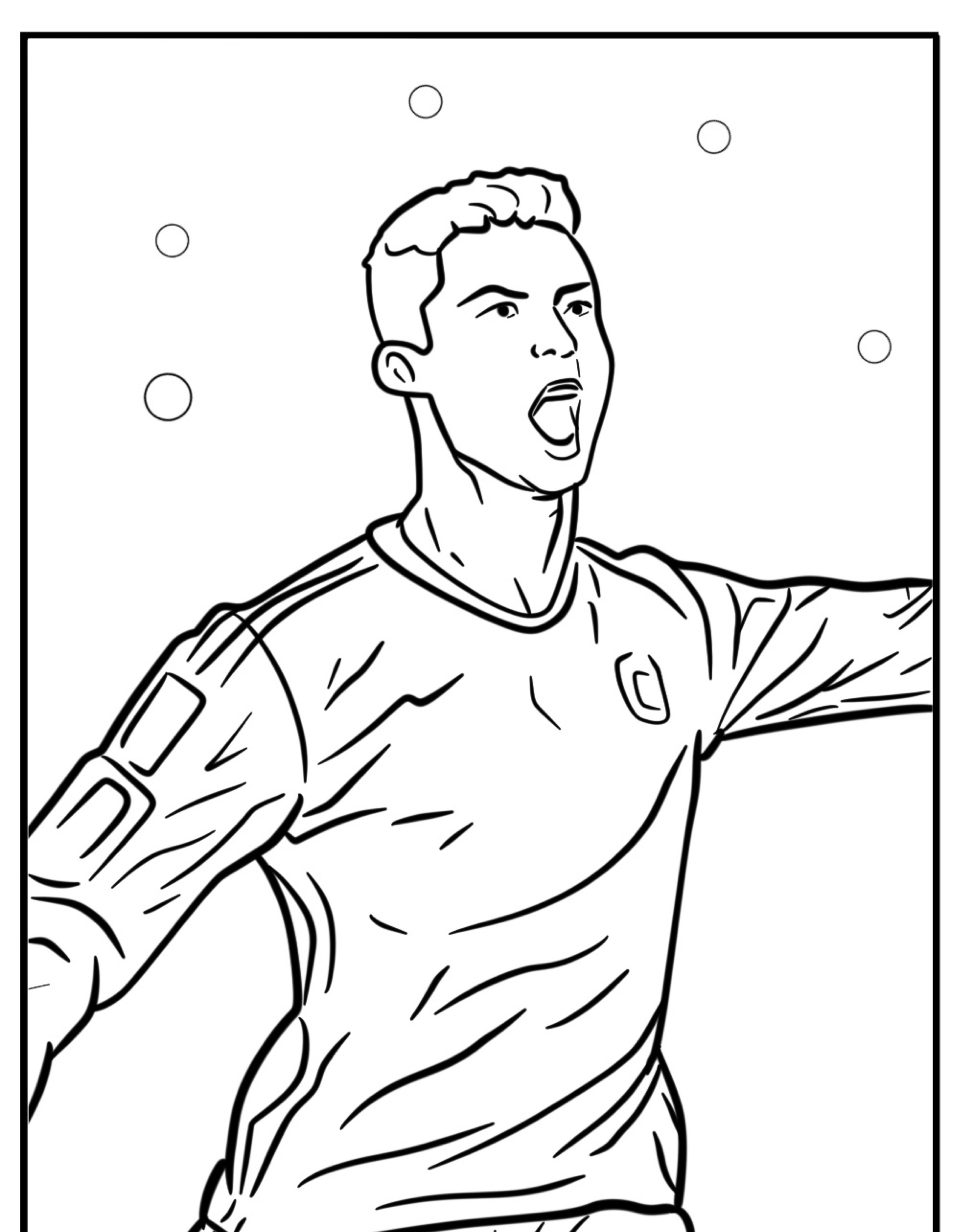 Um desenho em preto e branco de Cristiano Ronaldo, um jogador de futebol expressivo com os braços estendidos e círculos ao fundo, perfeito como desenho para colorir.