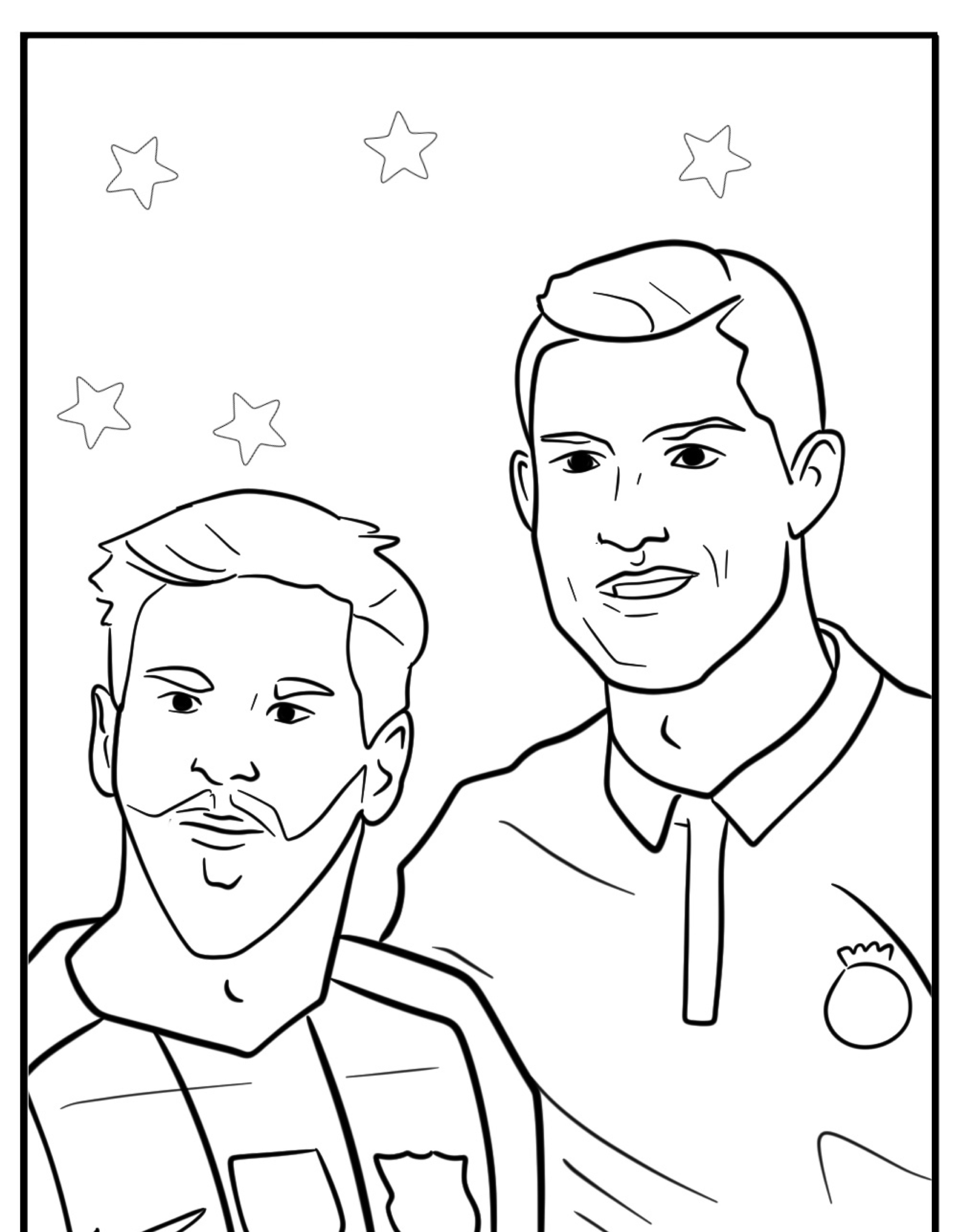 Dois jogadores de futebol, um com a camisa do Barcelona e o outro com a camisa da Juventus, ilustrados com estrelas ao fundo. É um desenho perfeito do Cristiano Ronaldo.