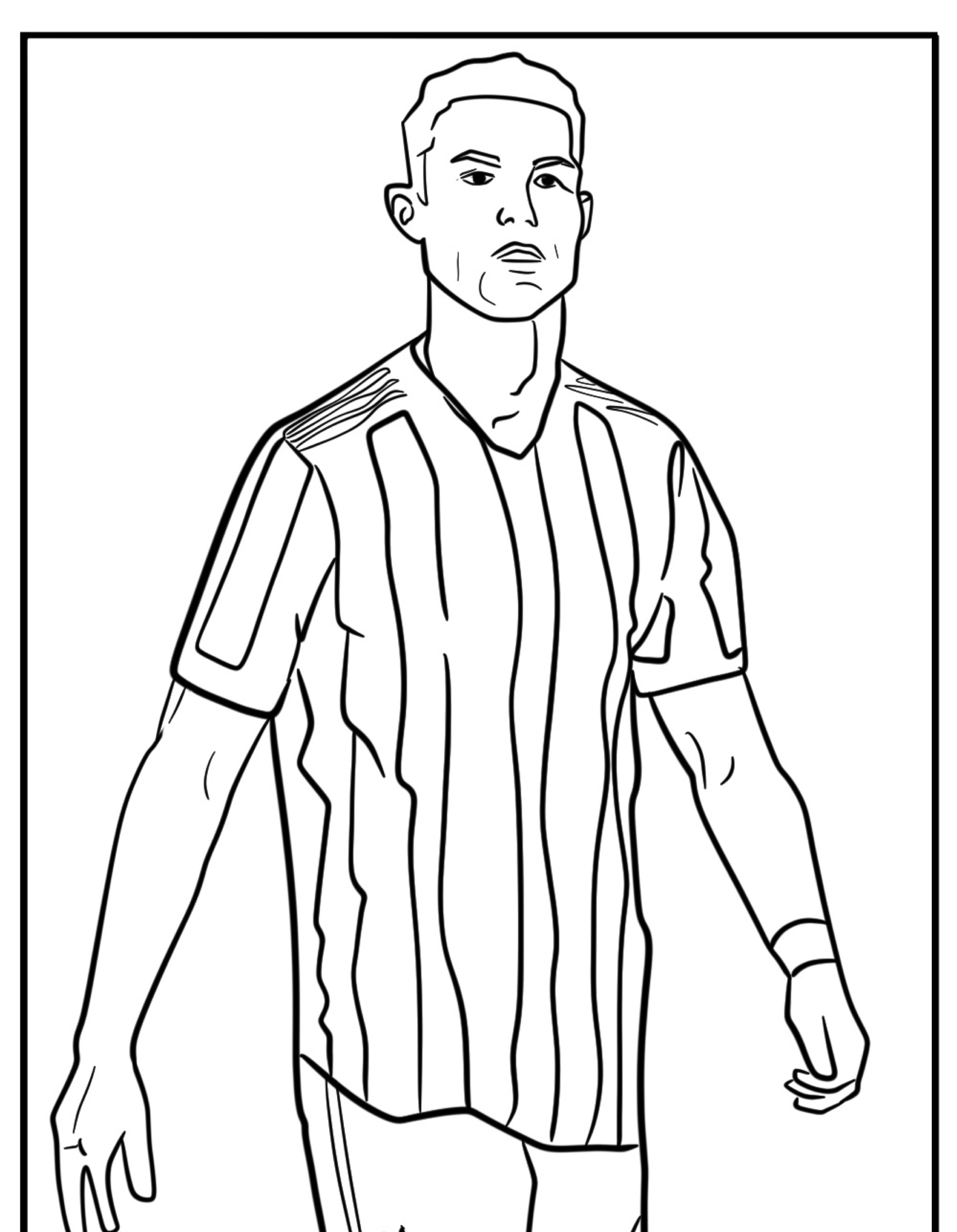 Contorno em preto e branco de um jogador de futebol vestindo uma camisa listrada, lembrando Cristiano Ronaldo, olhando para frente com os braços ligeiramente estendidos. Ideal para aqueles que amam desenhar ou colorir suas estrelas esportivas favoritas.