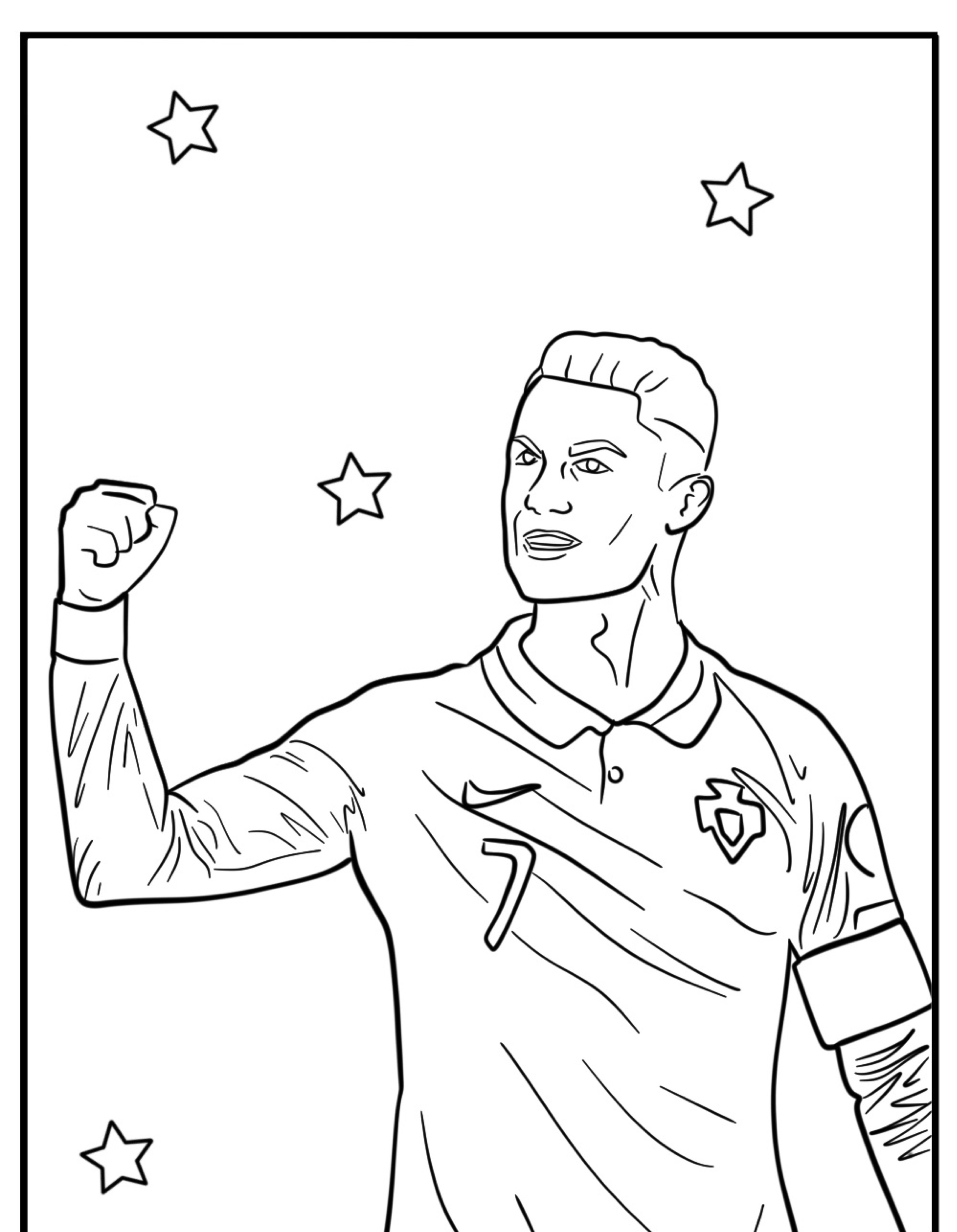 Desenho de um jogador de futebol, lembrando Cristiano Ronaldo, comemorando com o punho fechado cercado por estrelas.