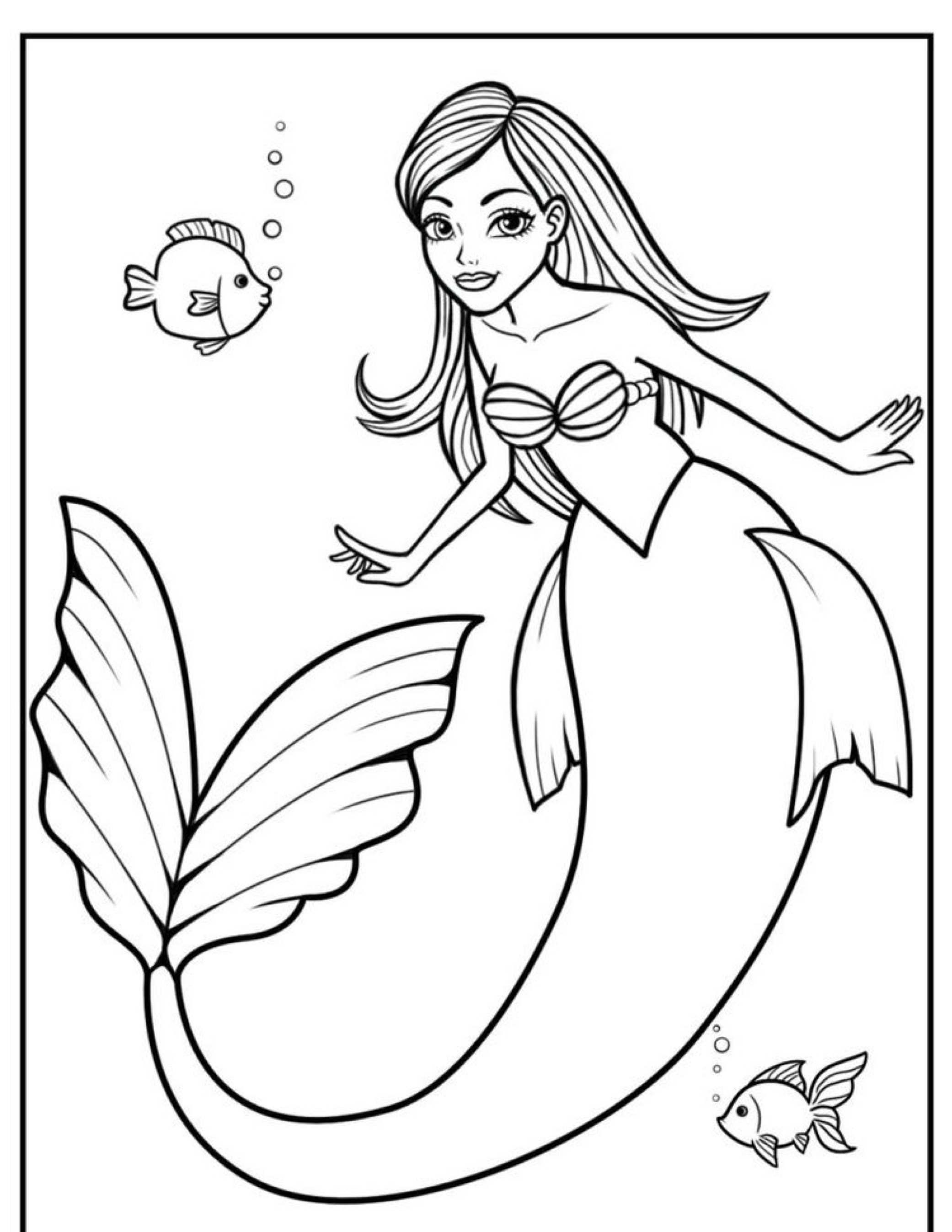 Uma sereia nada debaixo d'água com dois pequenos peixes por perto. A sereia tem cabelos longos e uma cauda grande e esvoaçante, que lembra Ariel em um caprichoso desenho para colorir.