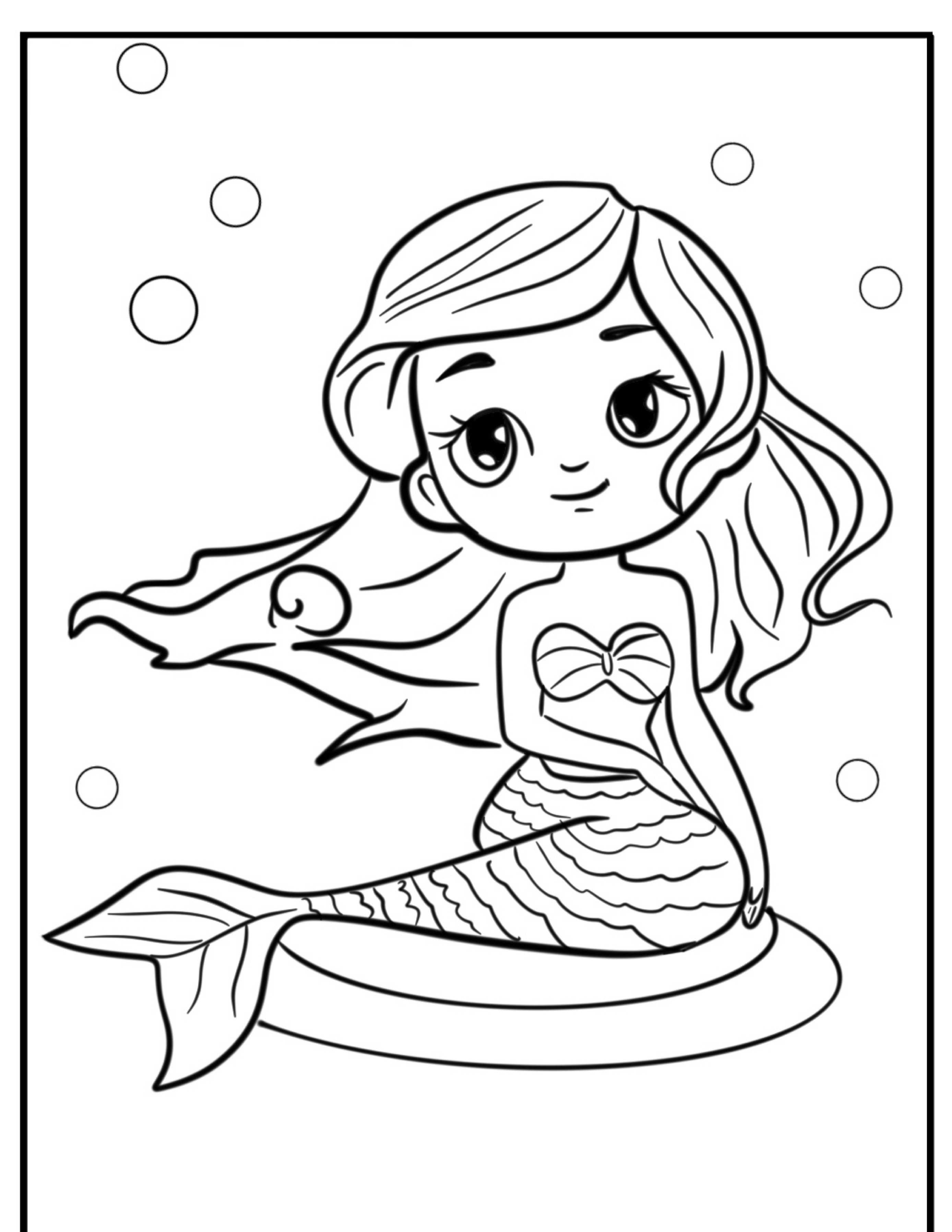 Uma sereia fofa com cabelos longos e ondulados e uma cauda escamosa sentada em uma pedra com bolhas ao redor dela, lembrando um desenho da Ariel pronto para colorir.