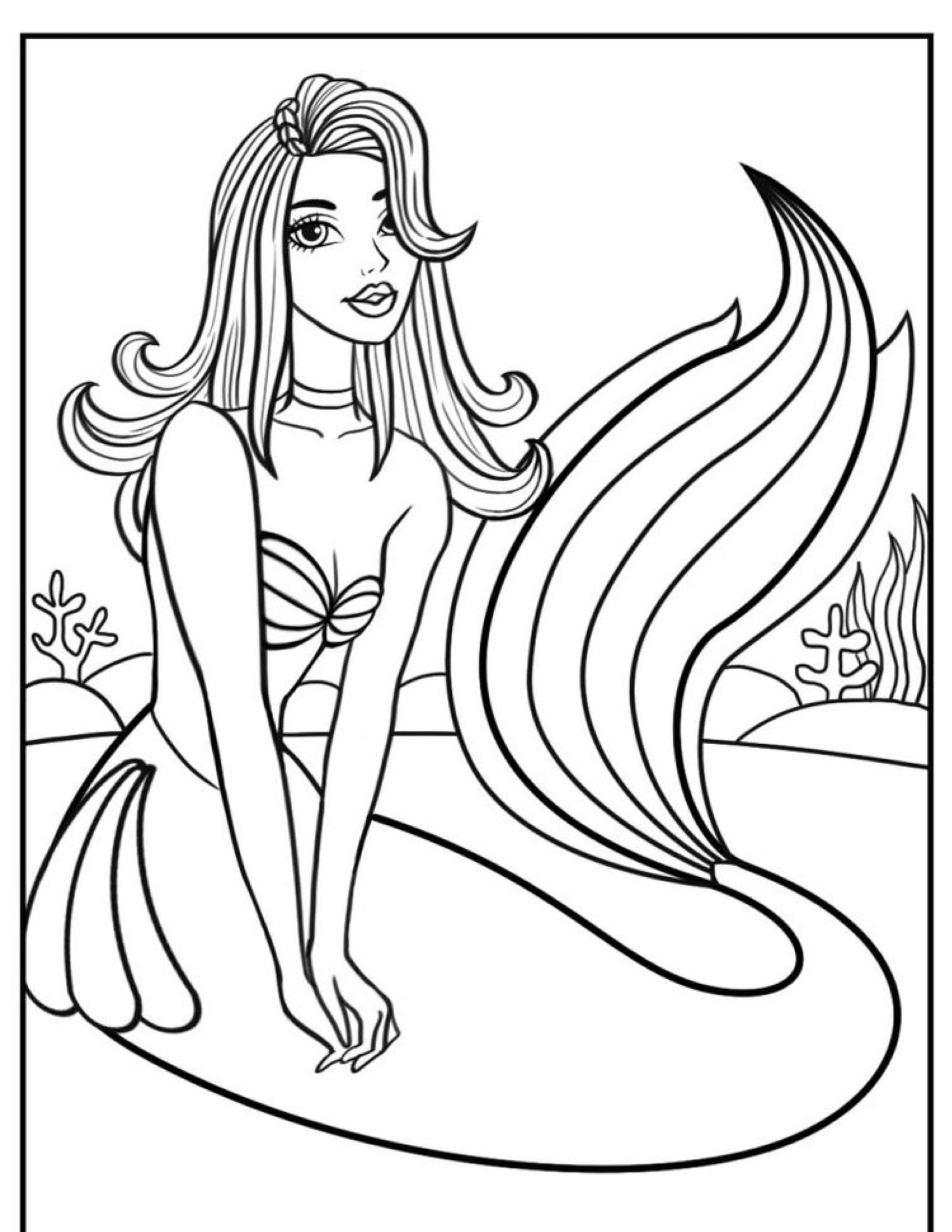 Um desenho em preto e branco de uma sereia com cabelos longos, que lembra Ariel, sentada debaixo d'água em meio a corais e plantas ao fundo. Perfeito para quem ama colorir!