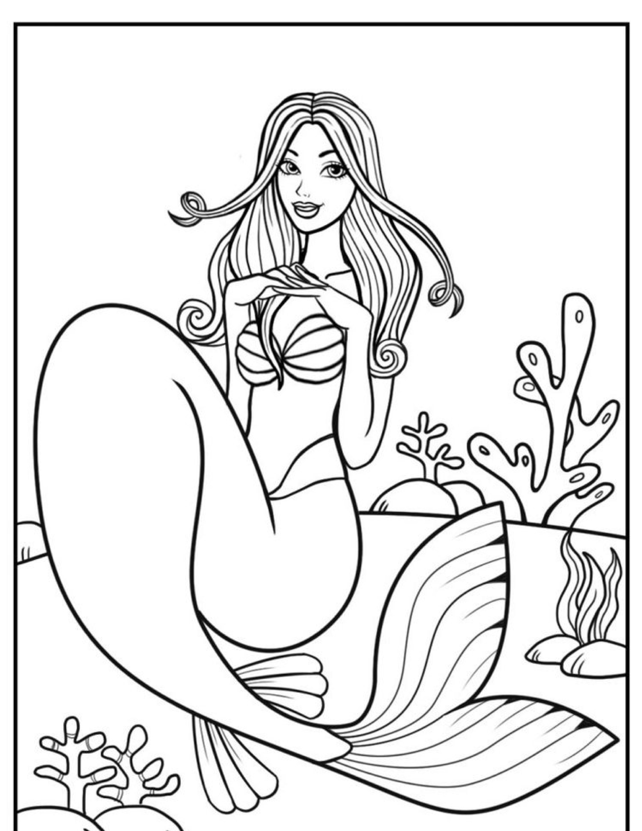 Uma página para colorir de uma Ariel sorridente com cabelos longos, sentada em uma pedra, cercada por plantas aquáticas. Desenho da Ariel perfeito para colorir e trazer à vida com cores vibrantes.