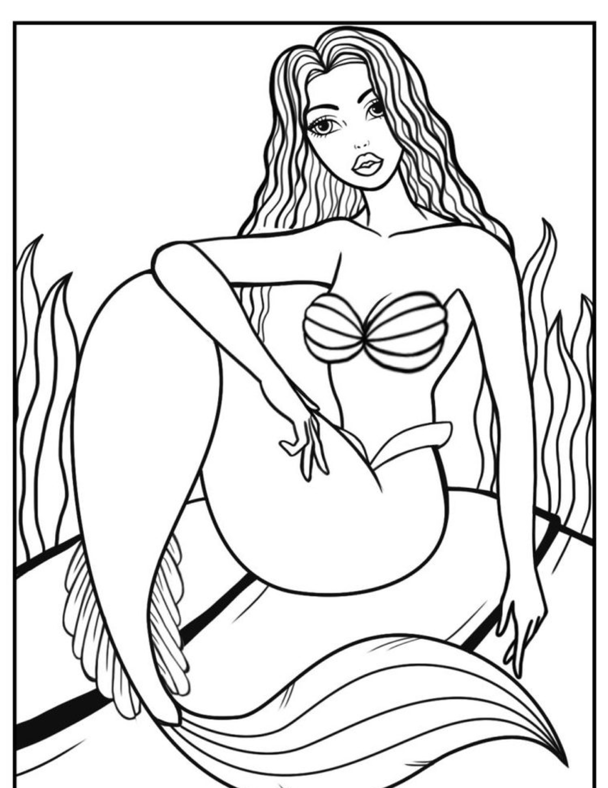 Ilustração em preto e branco de Ariel, a sereia, sentada em uma pedra com cabelos soltos e um sutiã de concha, cercada por algas marinhas. Ideal como um desenho para colorir.