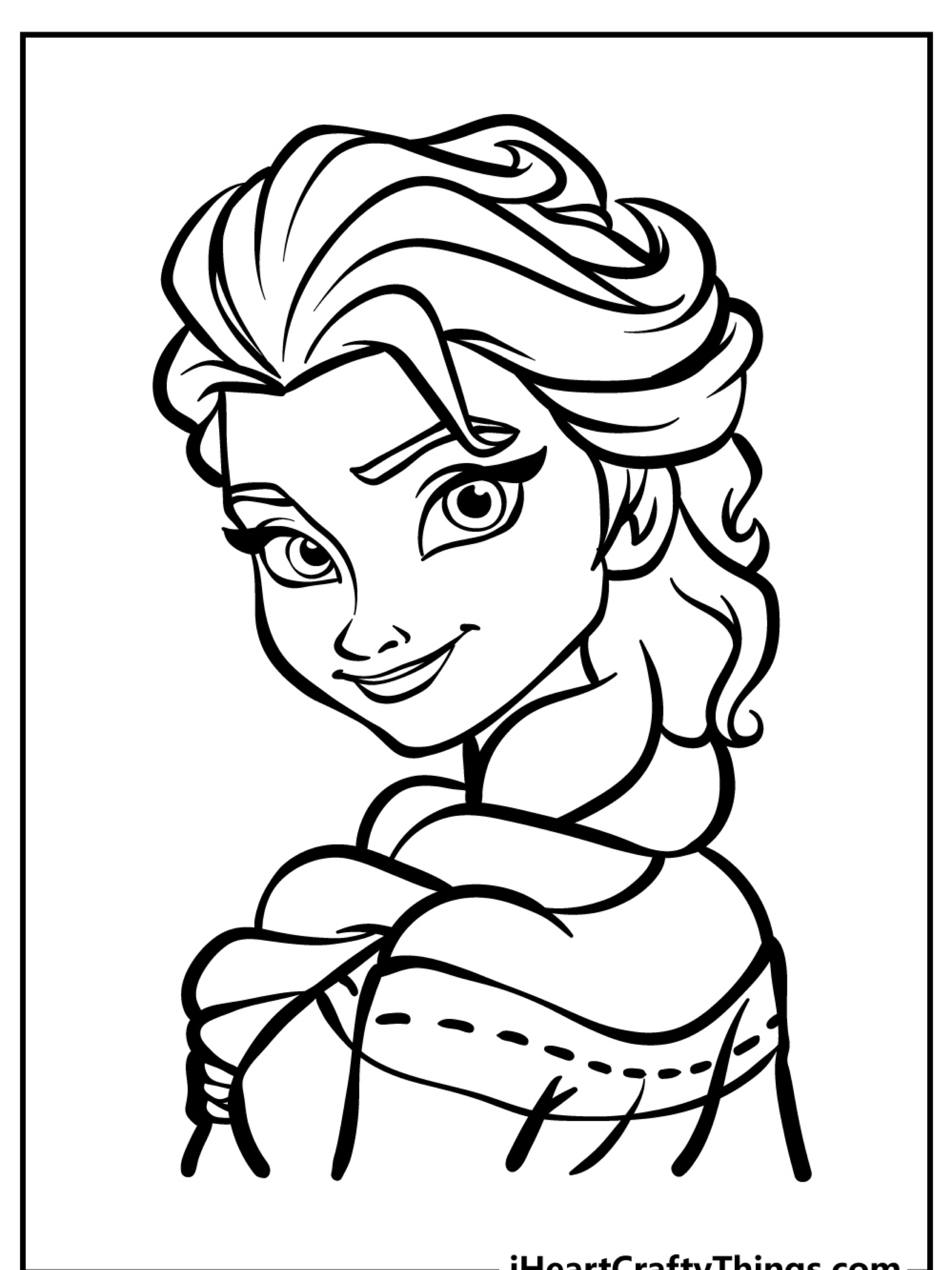 Mulher animada sorridente com cabelos longos e ondulados olhando por cima do ombro em um desenho no estilo line art, ideal para colorir.