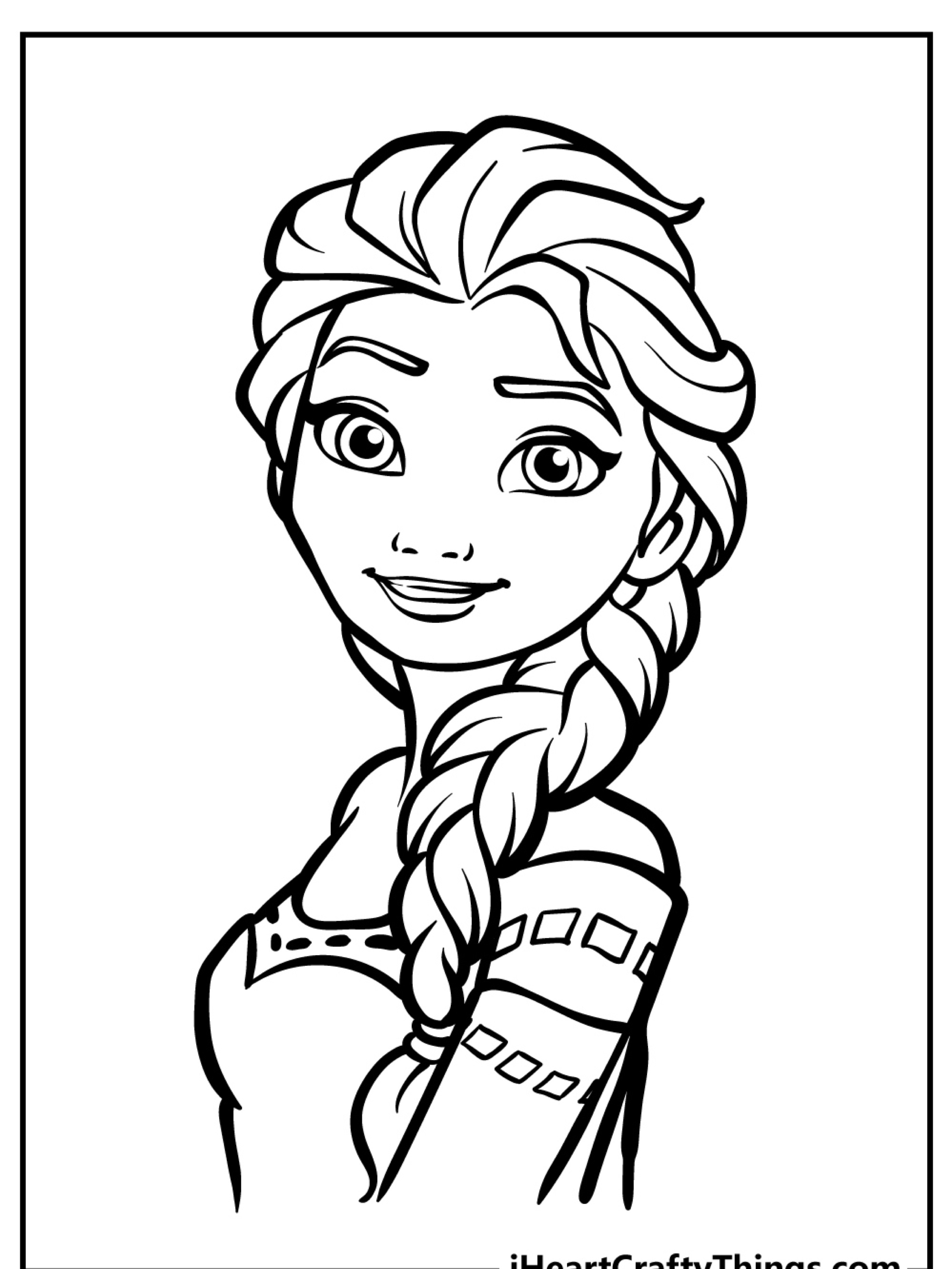 Uma ilustração para colorir inspirada em Frozen de uma mulher com uma trança e um traje decorativo, sorrindo e olhando por cima do ombro.