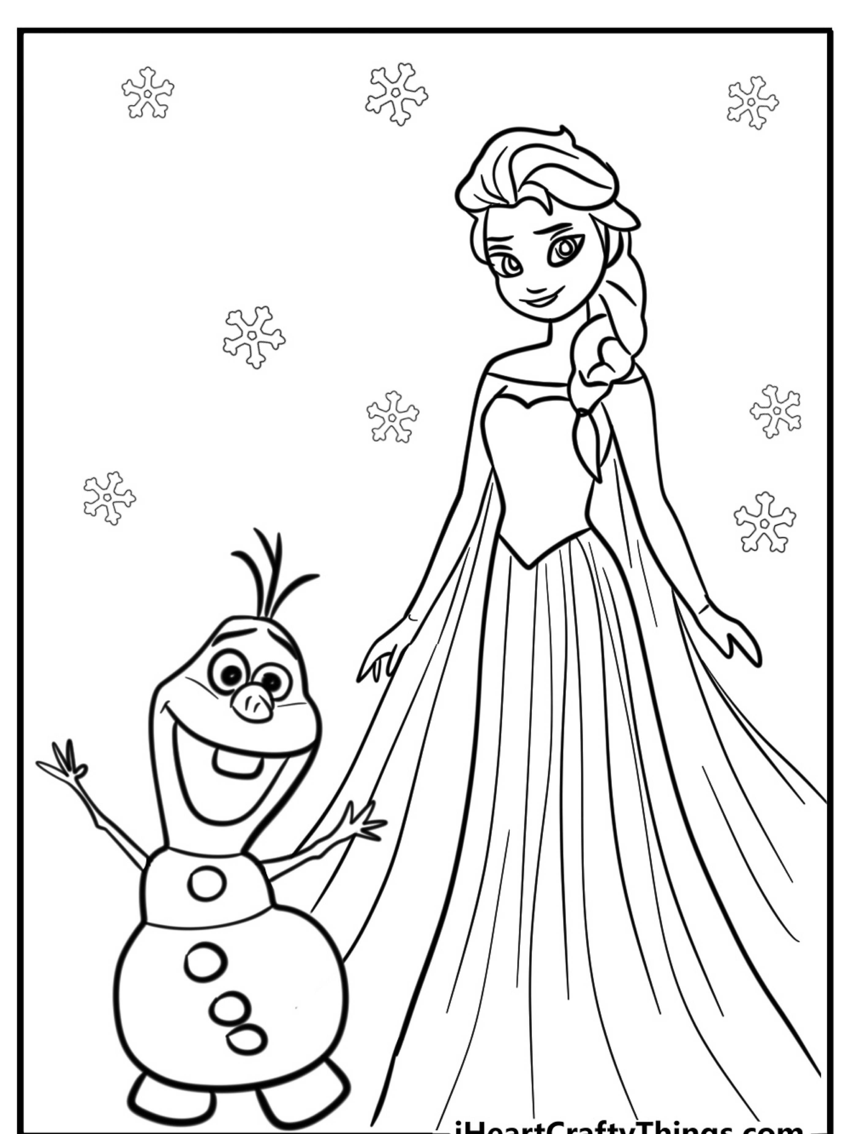 Um desenho para colorir com tema Frozen, apresentando uma princesa com cabelo trançado e um boneco de neve com botões, cercado por flocos de neve.