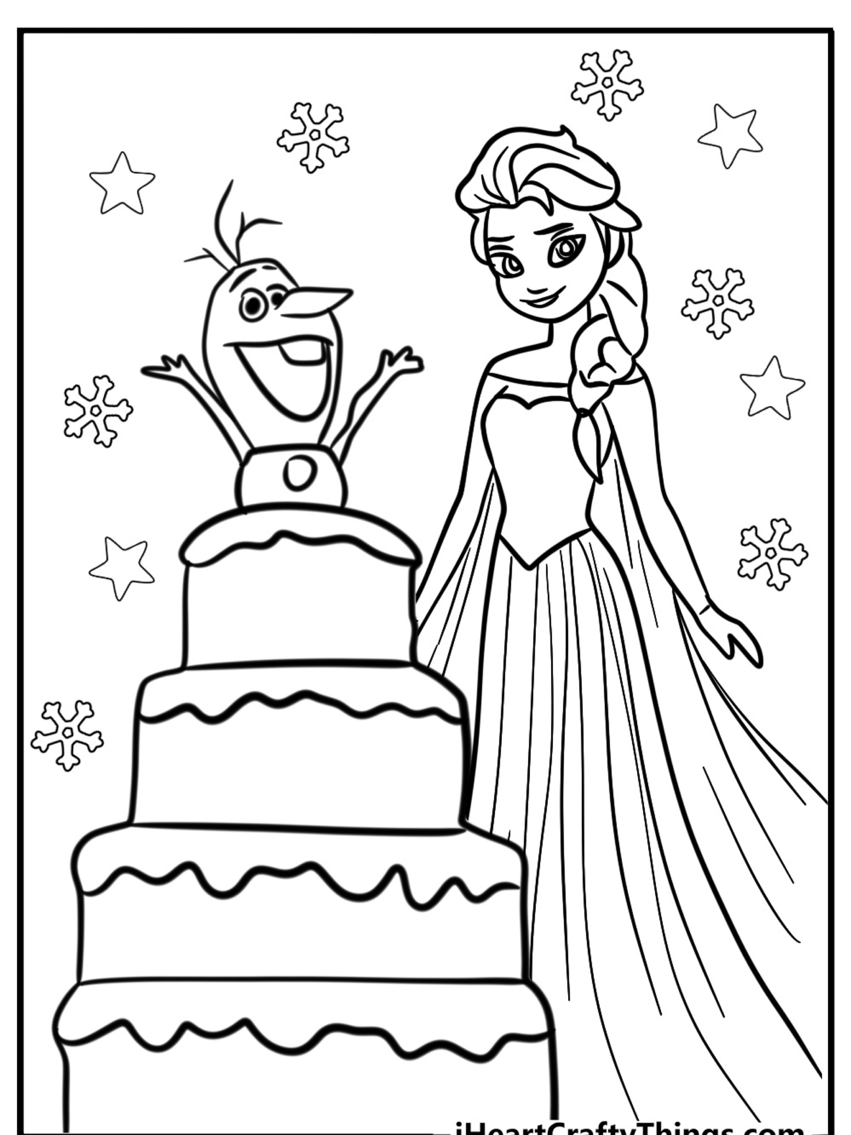 Elsa e Olaf de Frozen estão felizes em frente a um bolo de vários andares com estrelas e flocos de neve ao fundo; perfeito para um desenho colorido.