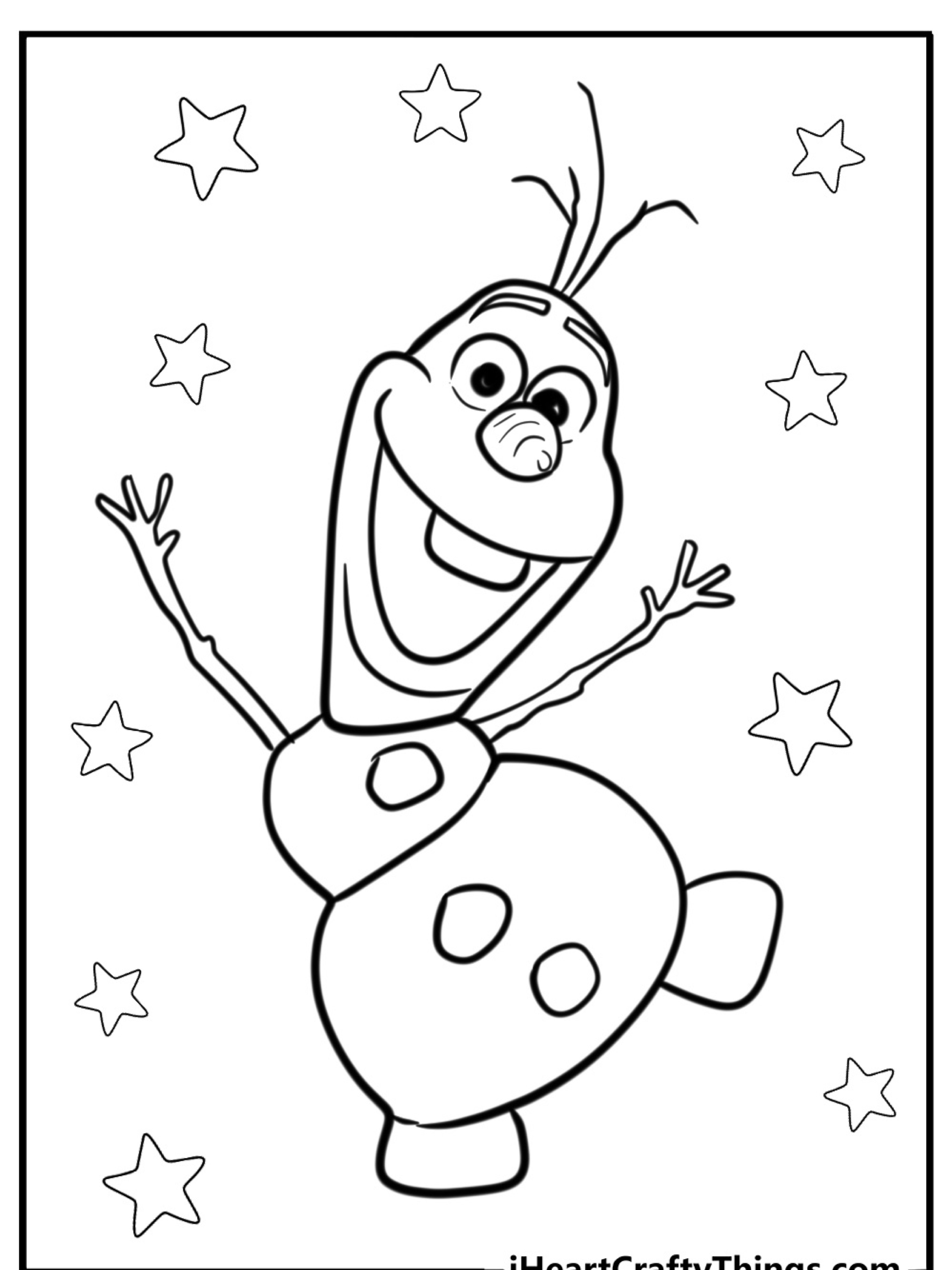 Um boneco de neve feliz com botões e um galho no lugar do cabelo, dançando entre as estrelas em uma cena divertida inspirada em Frozen, perfeita para colorir em seu desenho favorito.