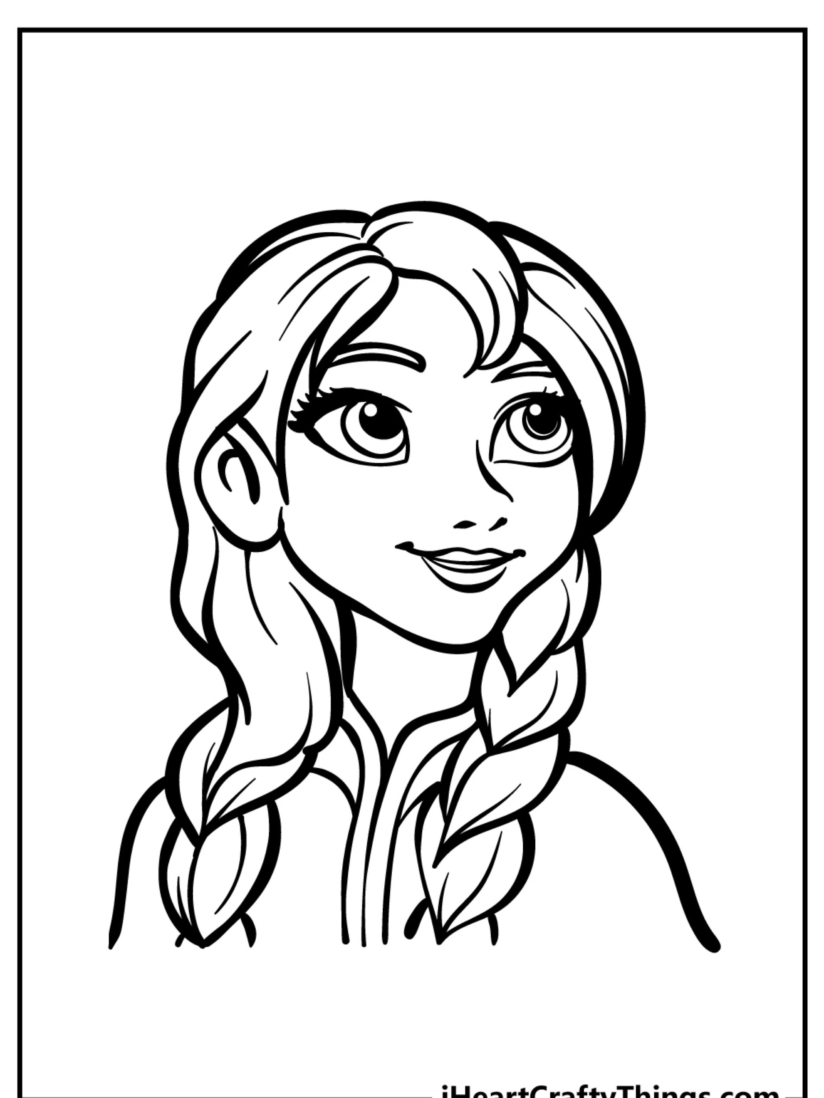 Desenho para colorir preto e branco de uma garota de desenho animado com cabelo trançado, olhos grandes e um leve sorriso, que lembra Anna de Frozen. Desenho para colorir com certeza cativará qualquer fã jovem.