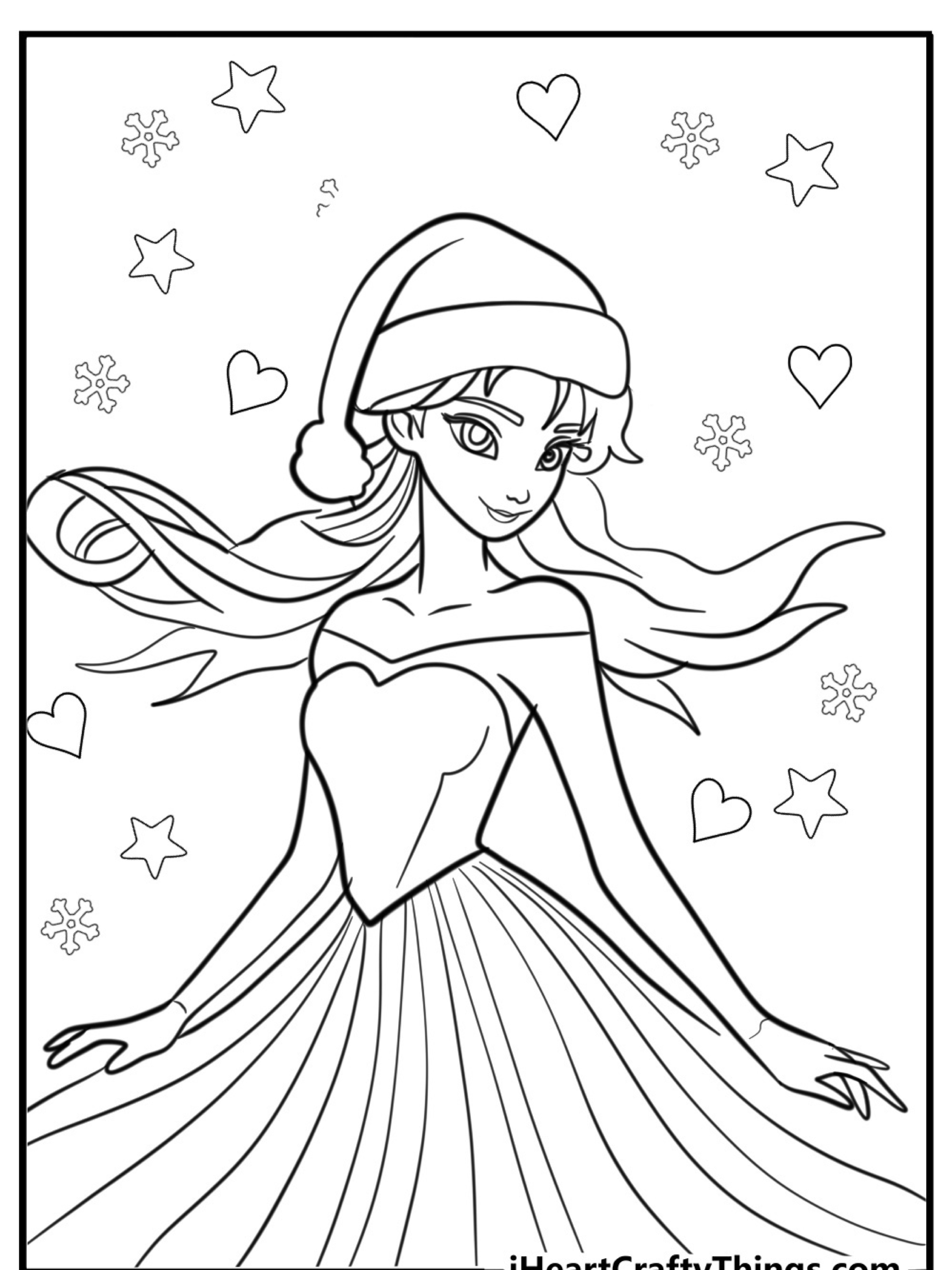 Uma página para colorir com tema Frozen de uma menina com um vestido festivo e chapéu de Papai Noel, cercada por corações e flocos de neve.