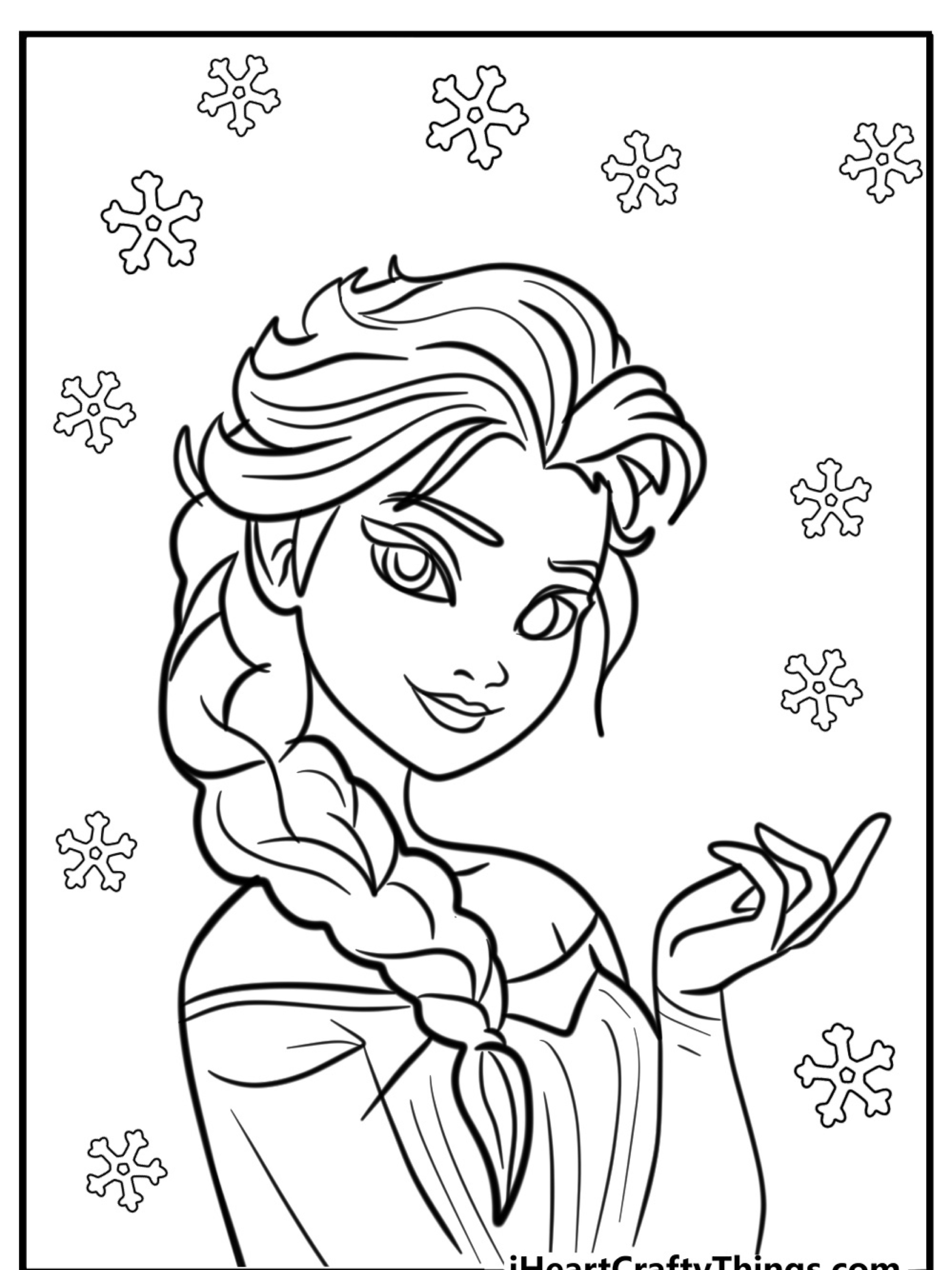 Desenho de contorno de uma mulher com uma trança e flocos de neve ao seu redor. Ela está olhando para o lado com um sorriso gentil. Este desenho deslumbrante de Frozen é perfeito para colorir e adicionar um toque de magia ao seu dia.