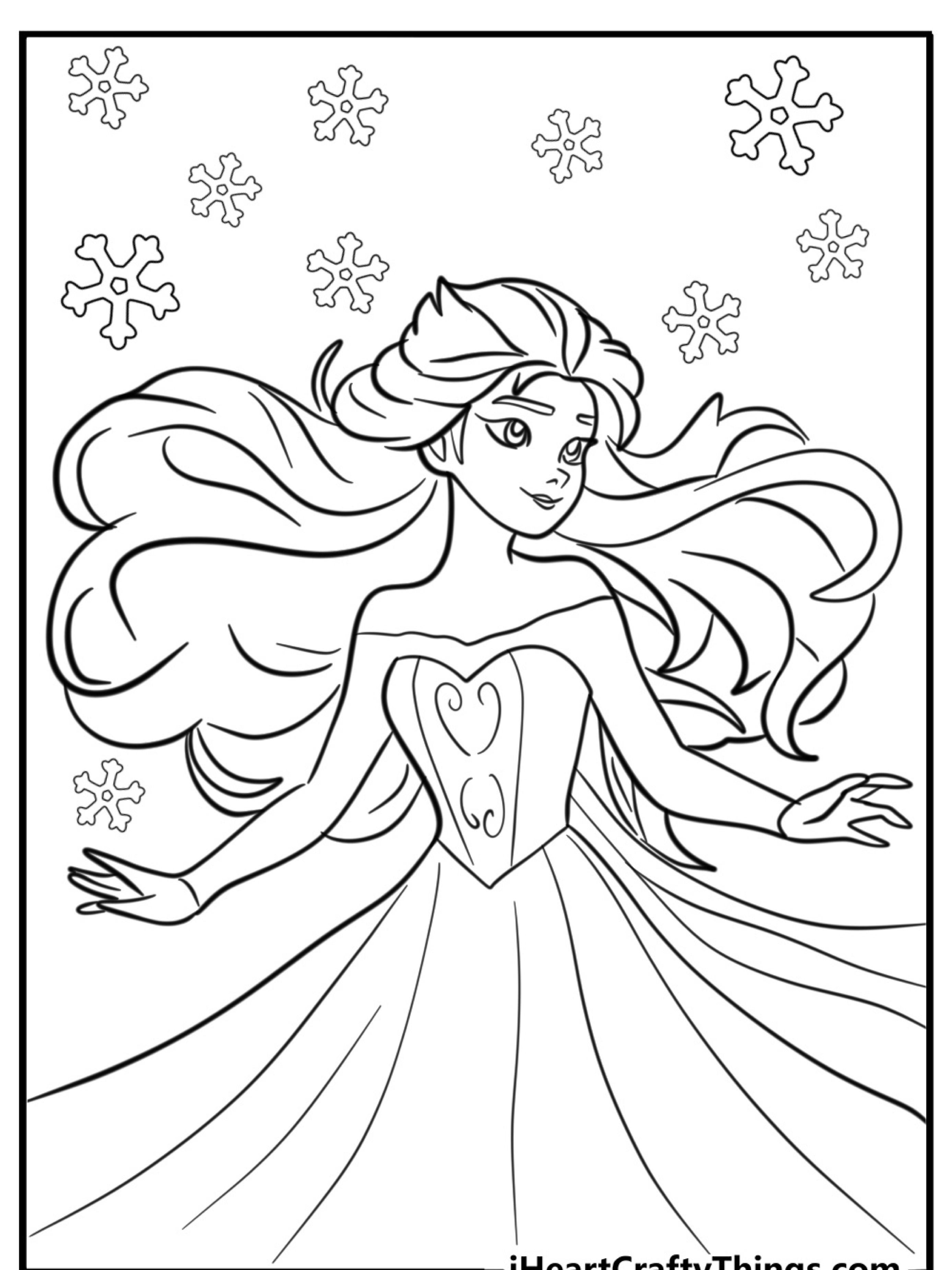 Uma princesa com cabelos soltos e um vestido longo cercada por flocos de neve, em uma ilustração estilo livro de colorir, perfeita para crianças que amam colorir e adoram Desenho Frozen.