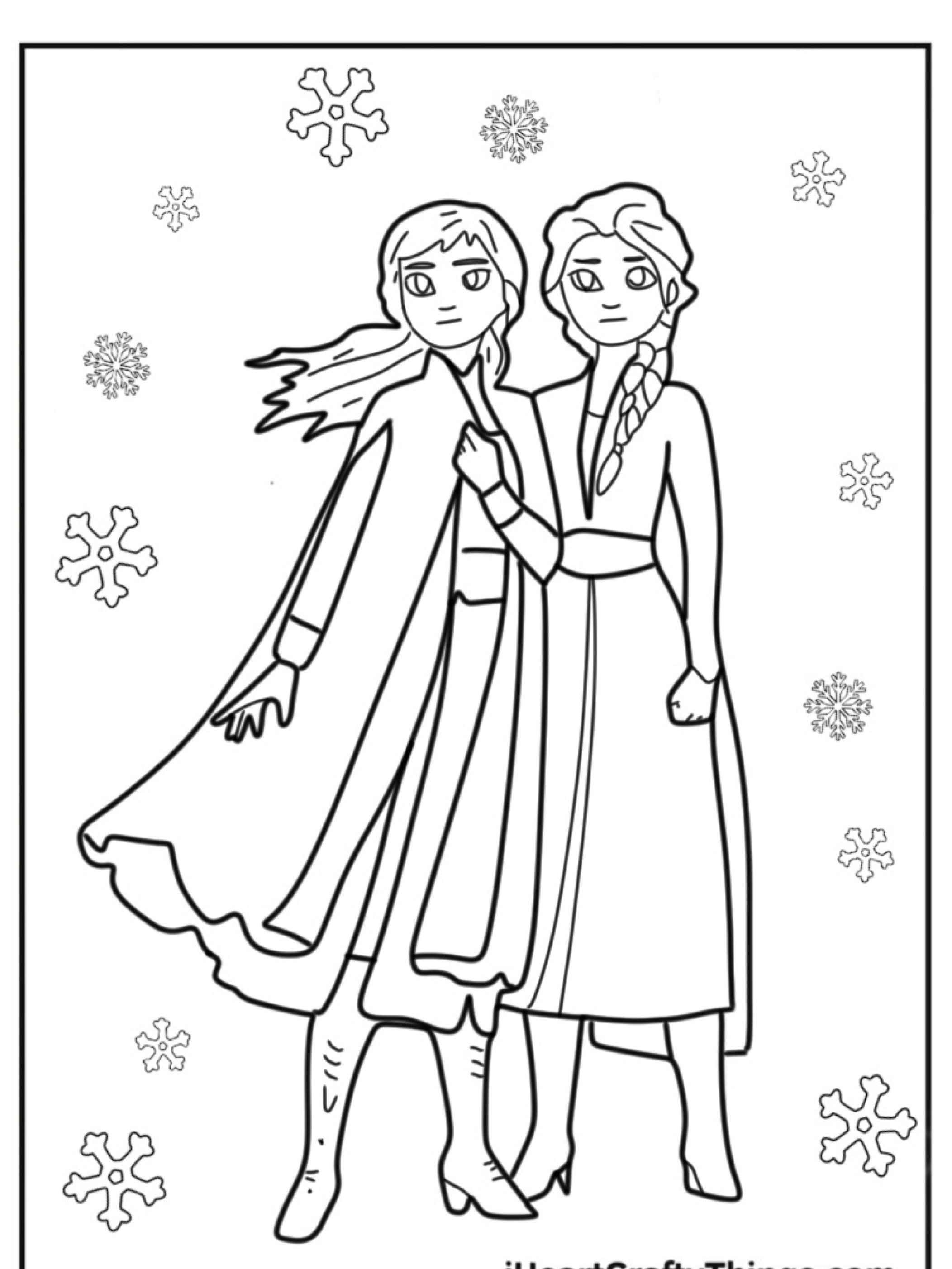 Duas mulheres animadas em vestidos longos estão juntas, cercadas por flocos de neve nesta página para colorir Frozen em preto e branco.