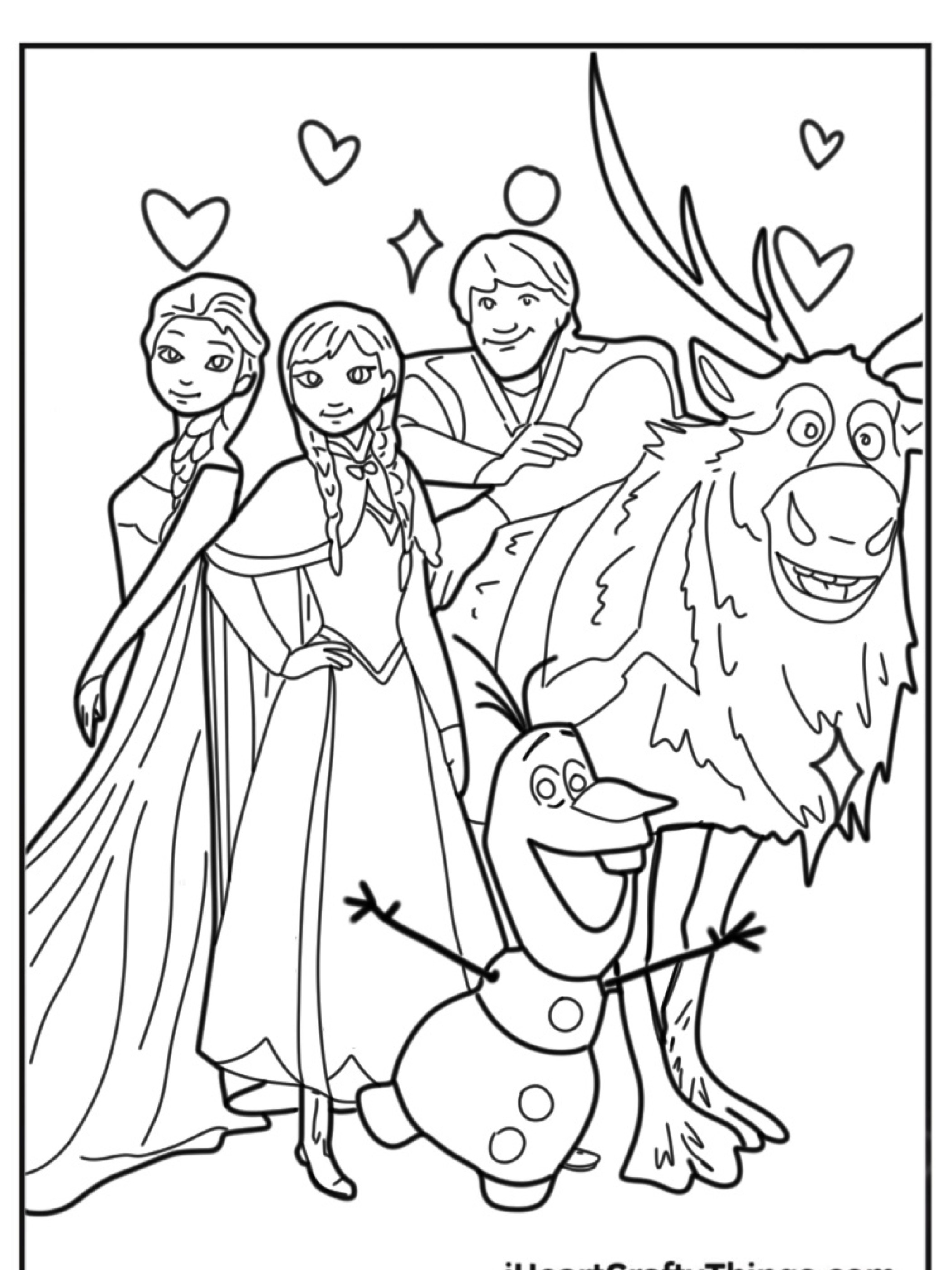 Quatro personagens animados, incluindo um boneco de neve e uma rena, posando alegremente com corações e estrelas ao redor deles. Perfeito para colorir e lembrando um desenho da Frozen.