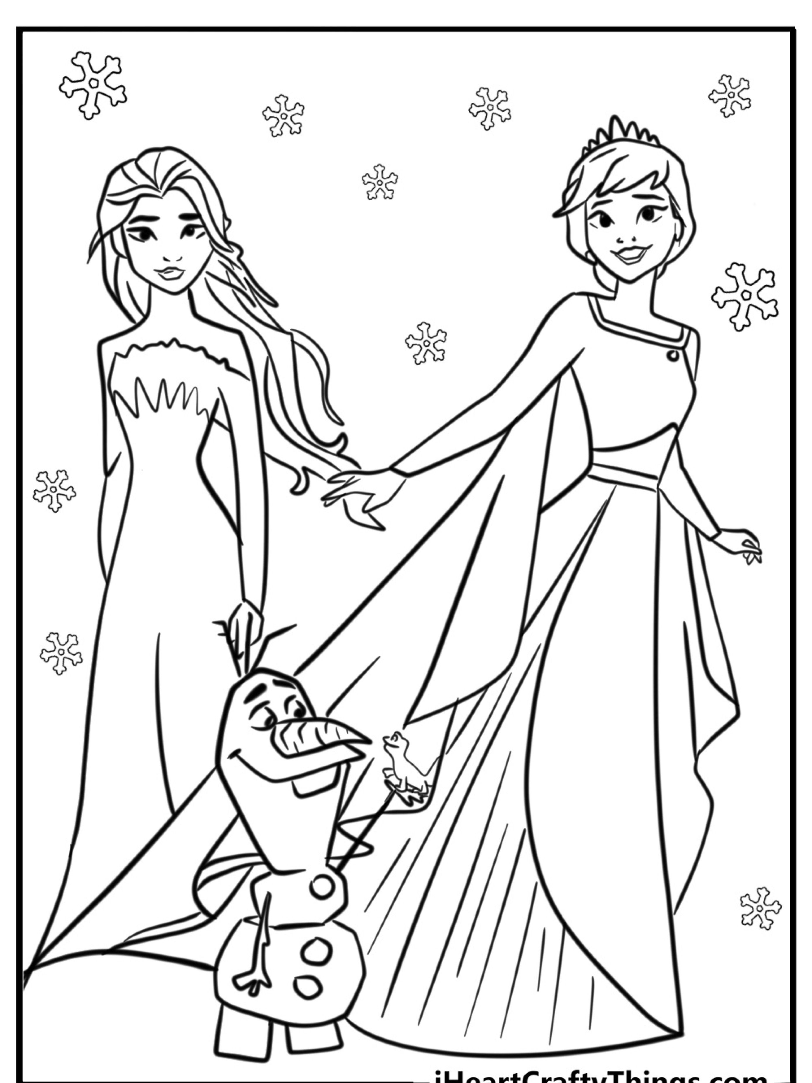 Duas princesas de desenho animado de Frozen e um boneco de neve, com flocos de neve ao redor. Uma princesa dá as mãos à outra. Perfeito para colorir (colorir) este desenho mágico certamente encantará qualquer fã!