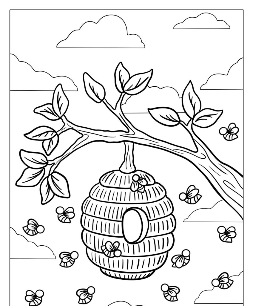 Descrição: Um desenho de uma colmeia suspensa num galho de árvore com abelhas voando em volta, tendo como fundo nuvens. Página para colorir.