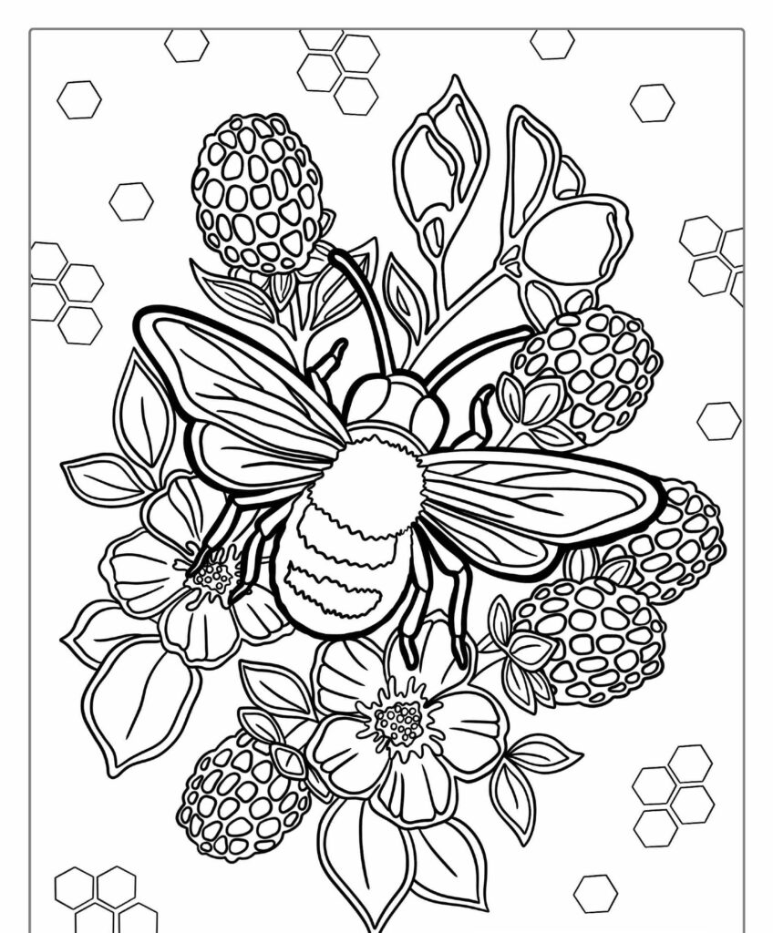 Um Desenho de Abelha em preto e branco sobre flores com algumas formas hexagonais ao fundo, perfeito para colorir.