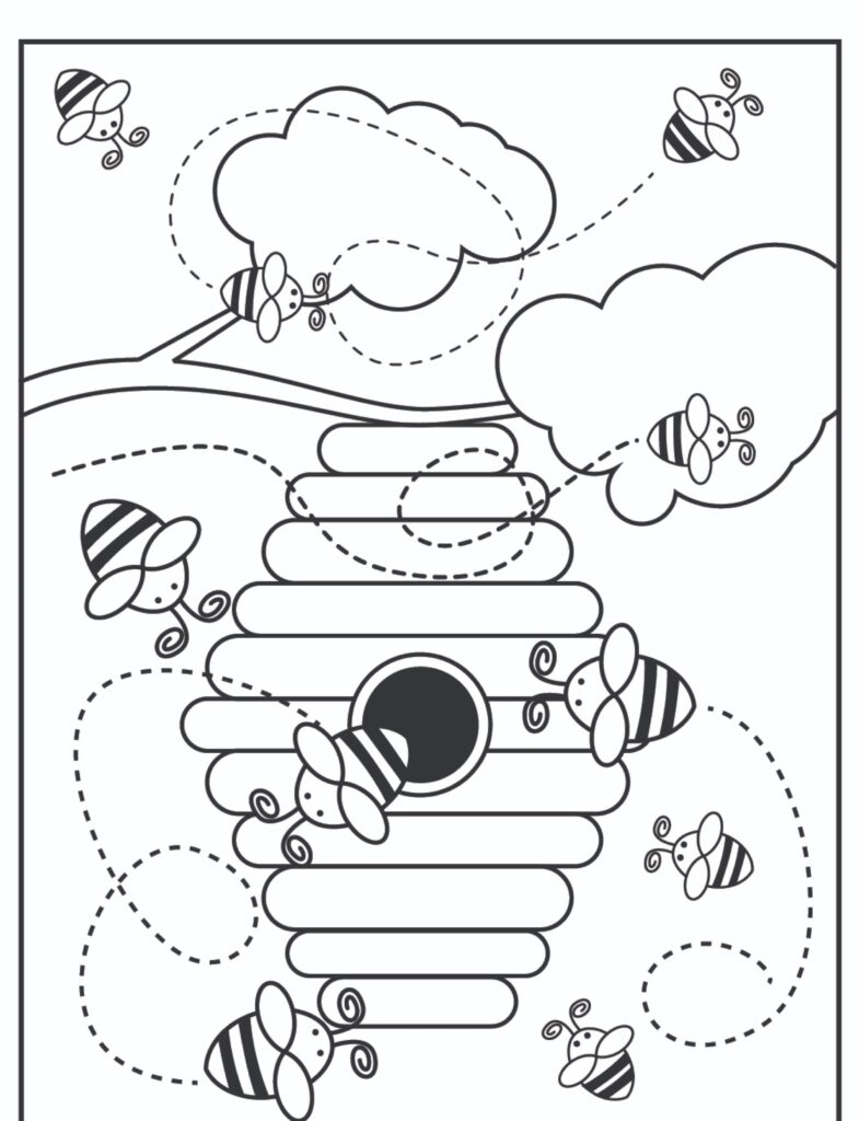 Página para colorir com abelhas voando ao redor de uma colmeia e duas nuvens. As abelhas seguem trajetórias de voo pontilhadas. Perfeito para as crianças colorirem esta cena deliciosa de desenho de abelha!